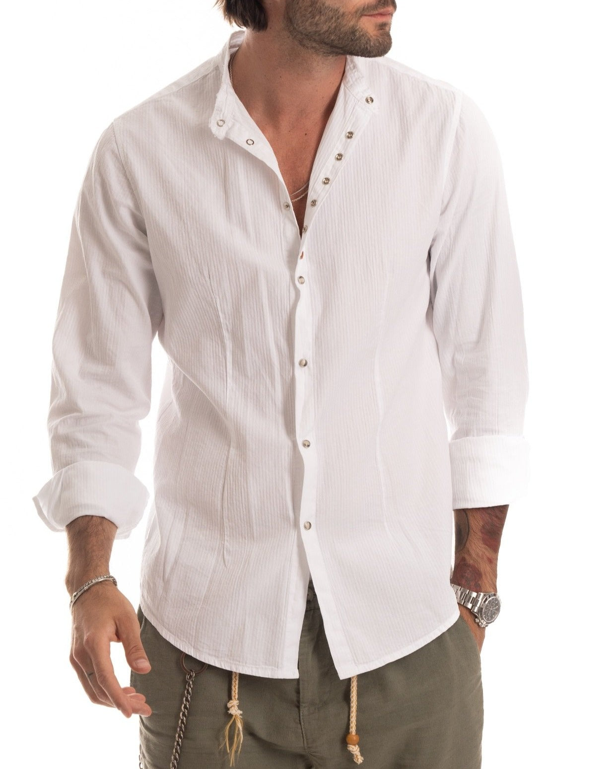 Elba - White Korean shirt with jewel buttons
