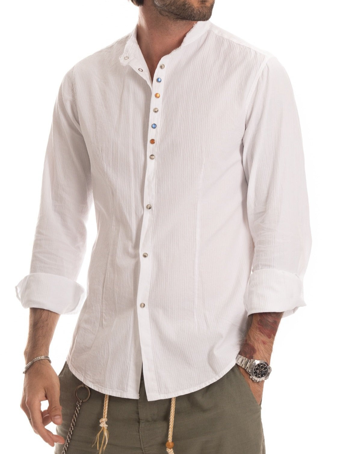 Elba - White Korean shirt with jewel buttons