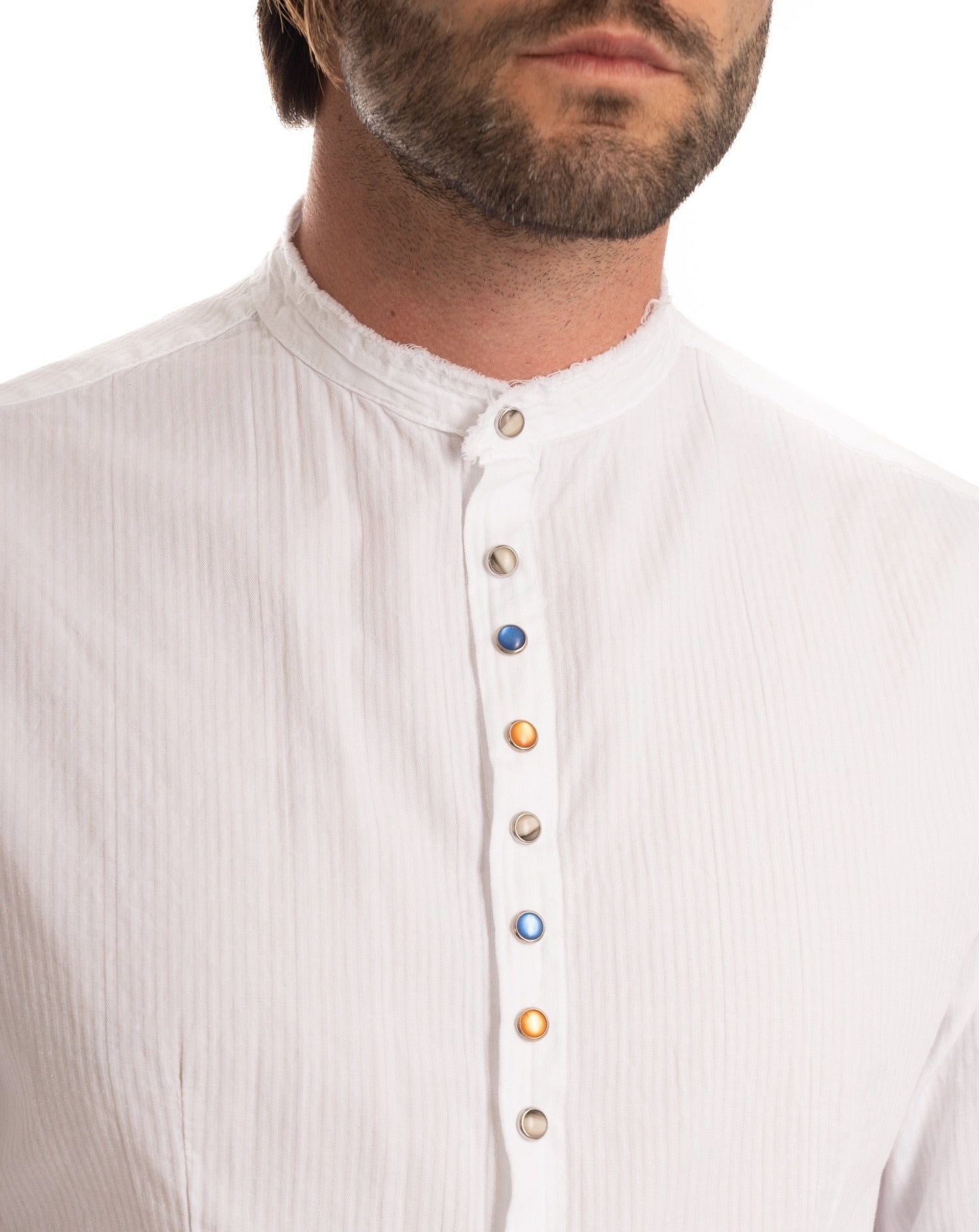 Elba - White Korean shirt with jewel buttons