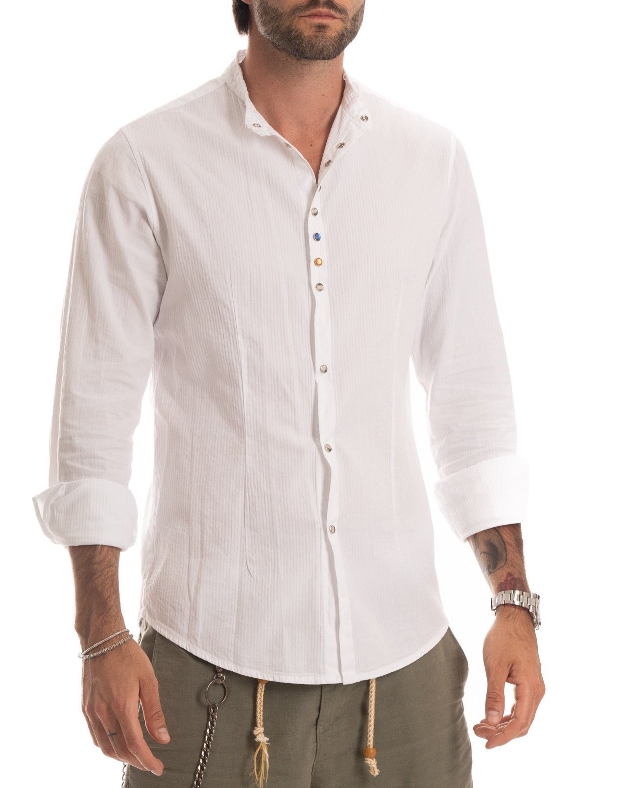 Elba - White Korean shirt with jewel buttons