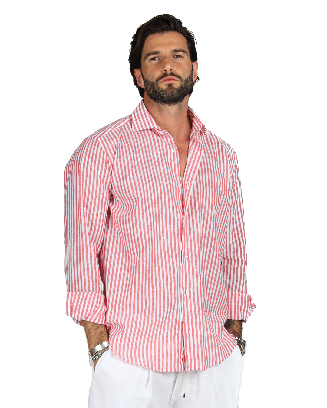 Ischia - Classic red narrow striped linen shirt