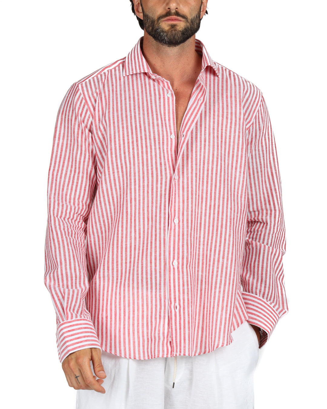 Ischia - Classic red narrow striped linen shirt