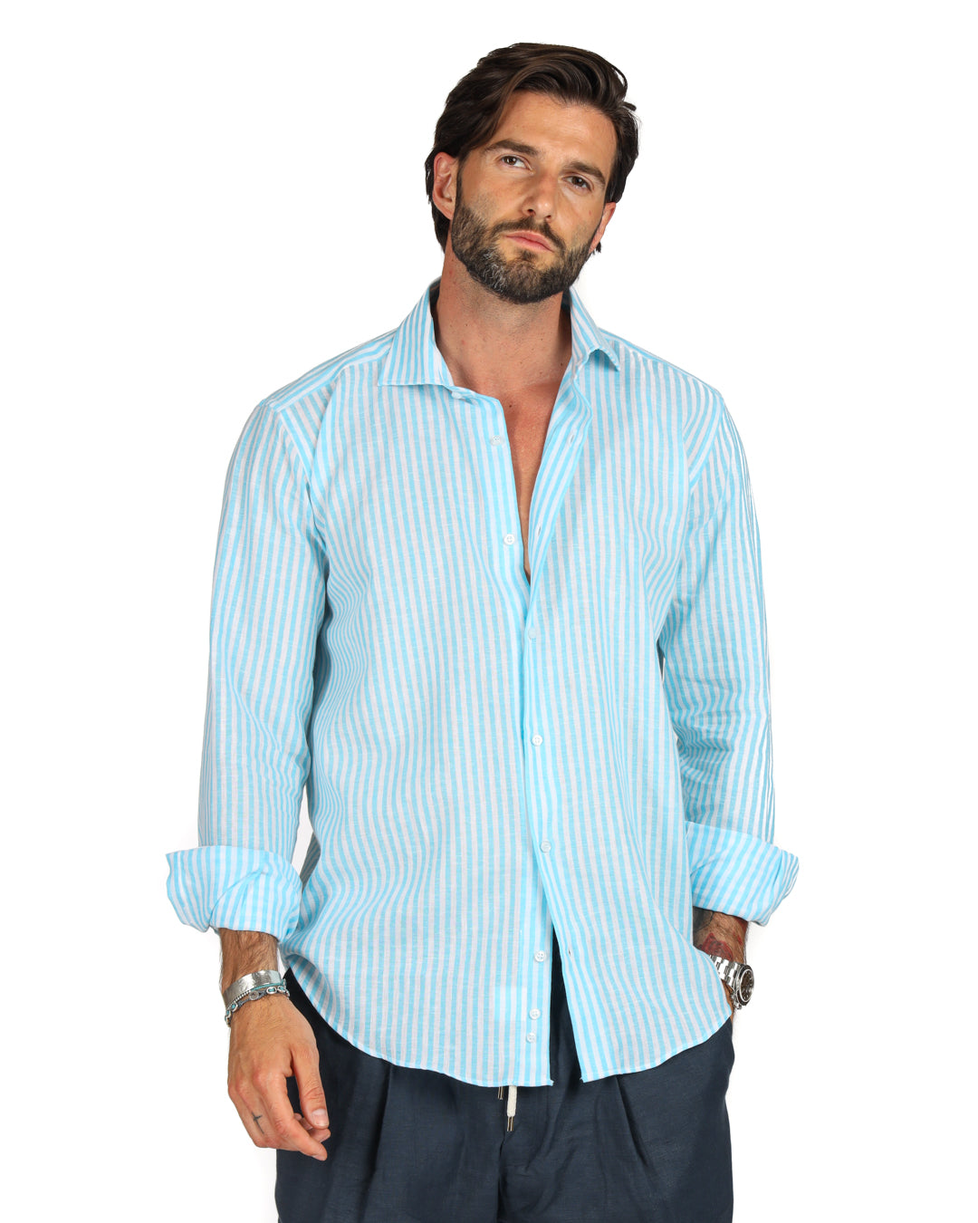 Ischia - Classic turquoise narrow striped linen shirt
