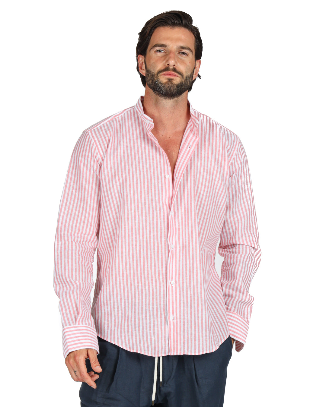 Ischia - Pink narrow striped Korean linen shirt