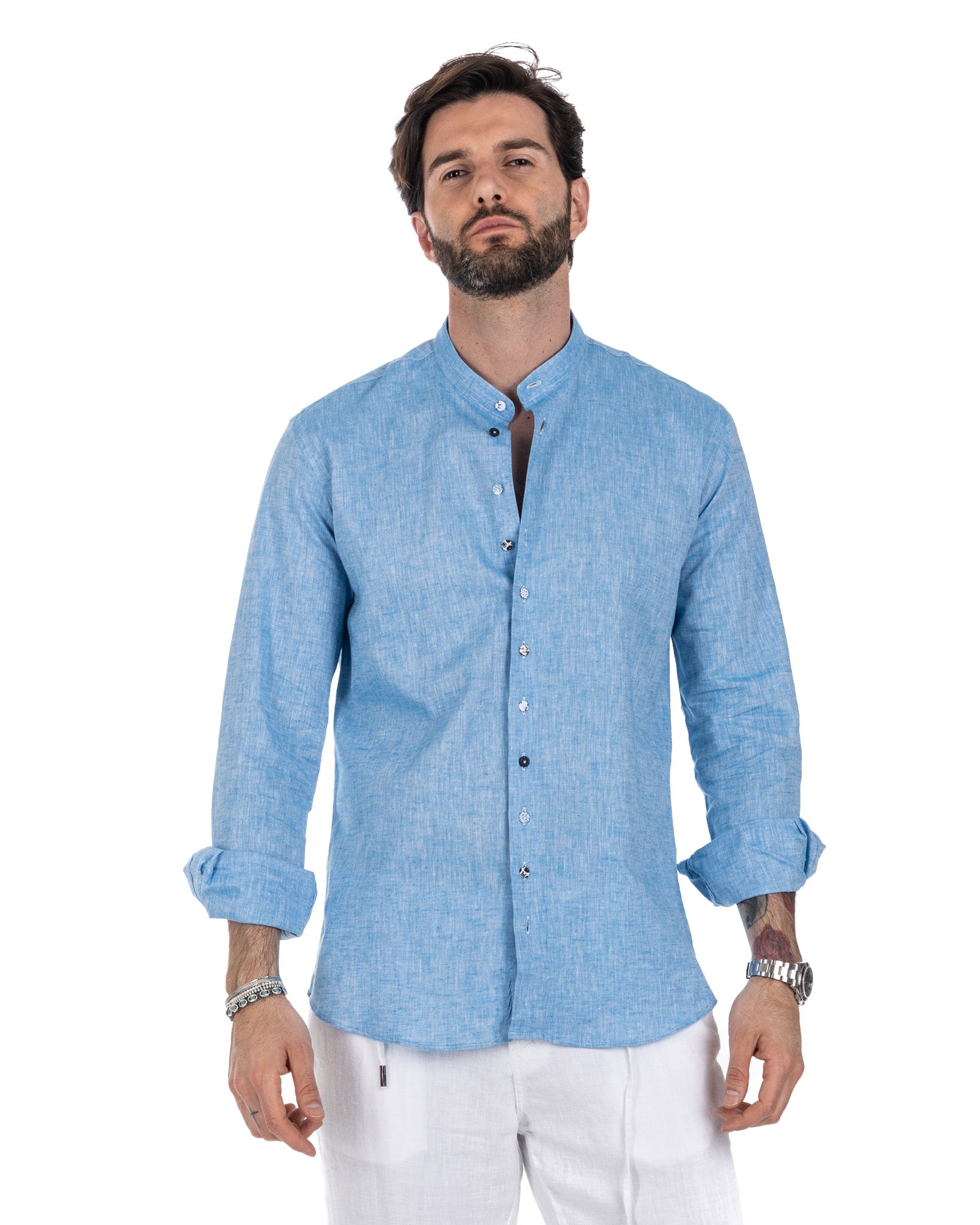 Positano - turquoise linen Korean shirt