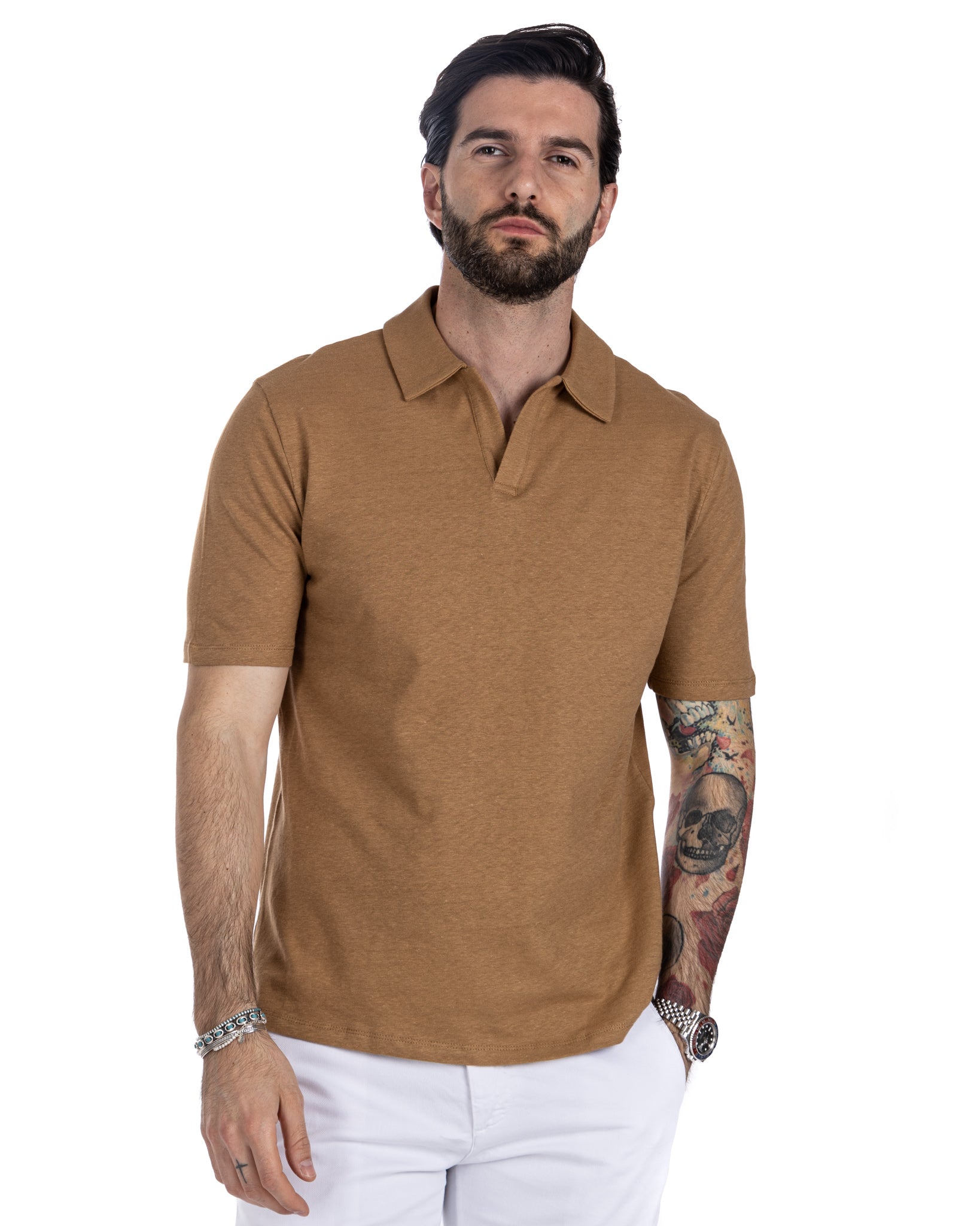 Panarea - camel linen polo shirt