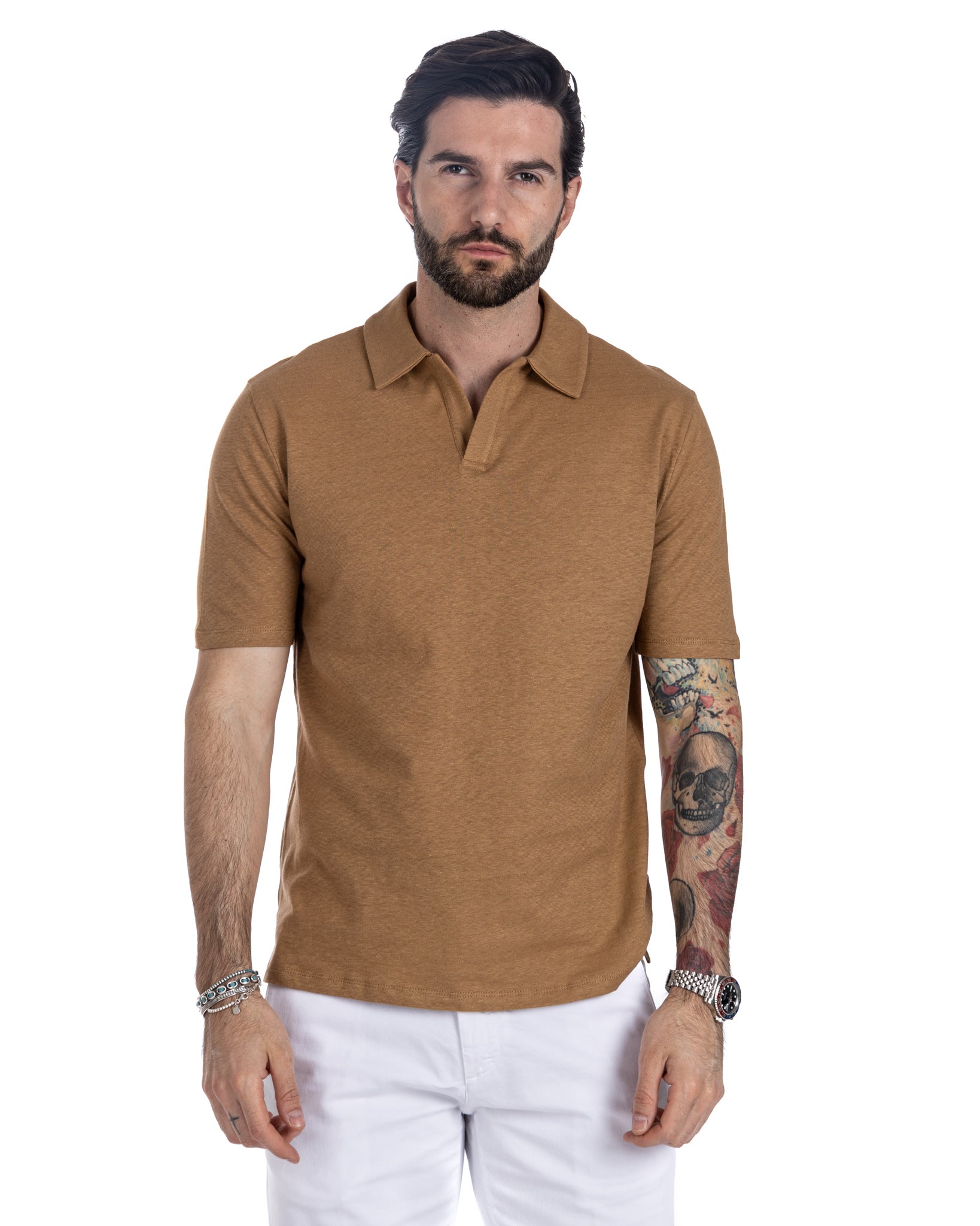 Panarea - camel linen polo shirt