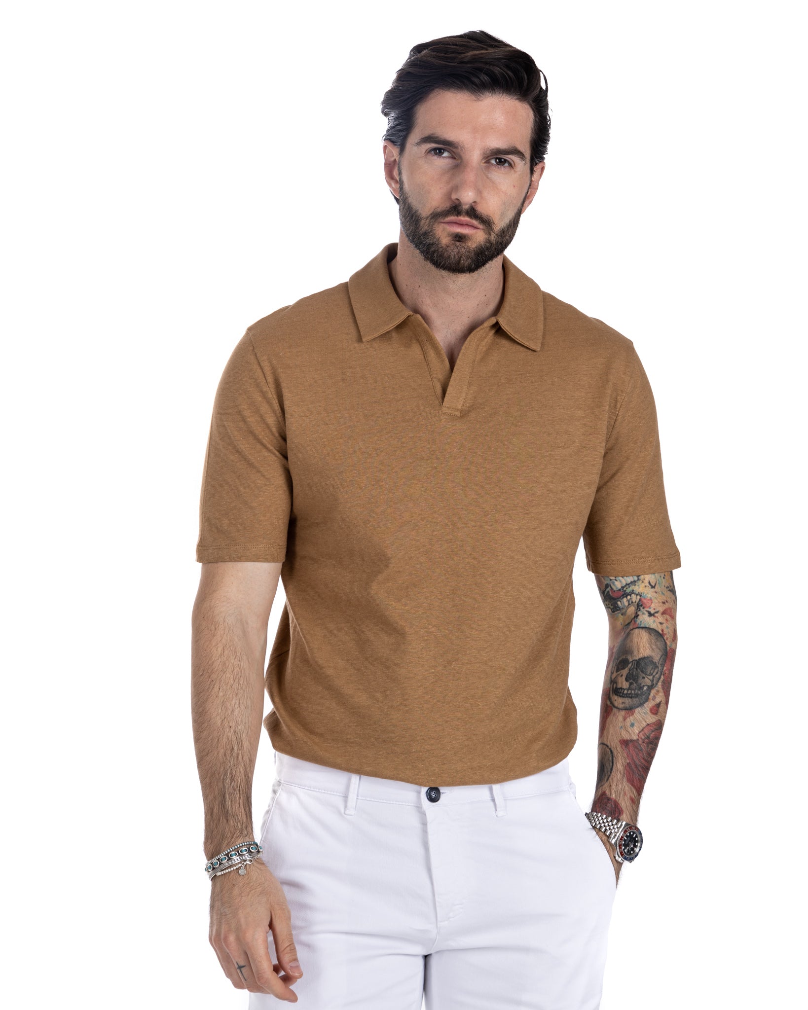 Panarea - camel linen polo shirt