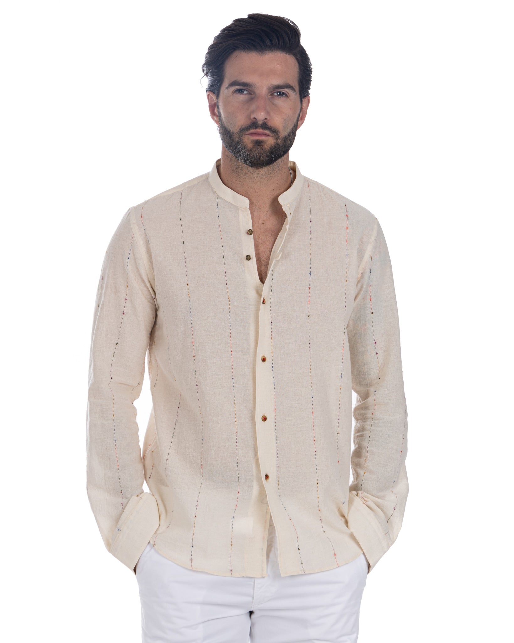 Iride - Korean shirt with beige relief stripes