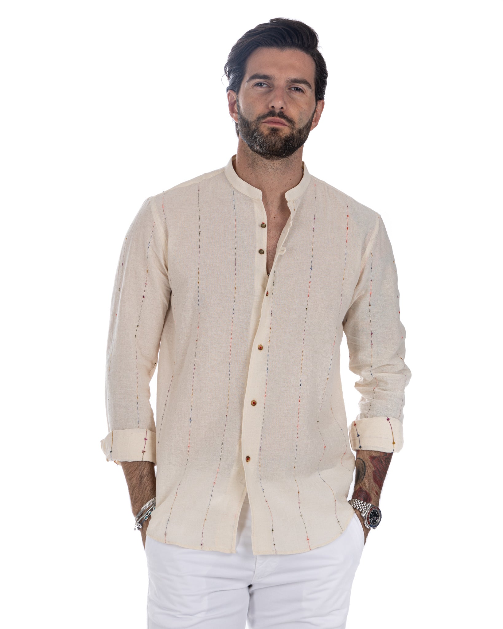 Iride - Korean shirt with beige relief stripes