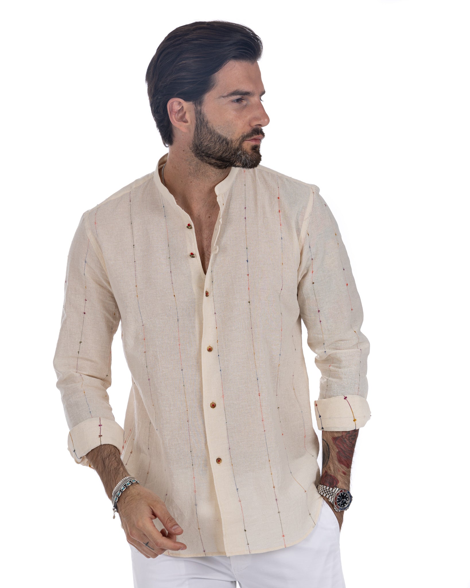 Iride - Korean shirt with beige relief stripes