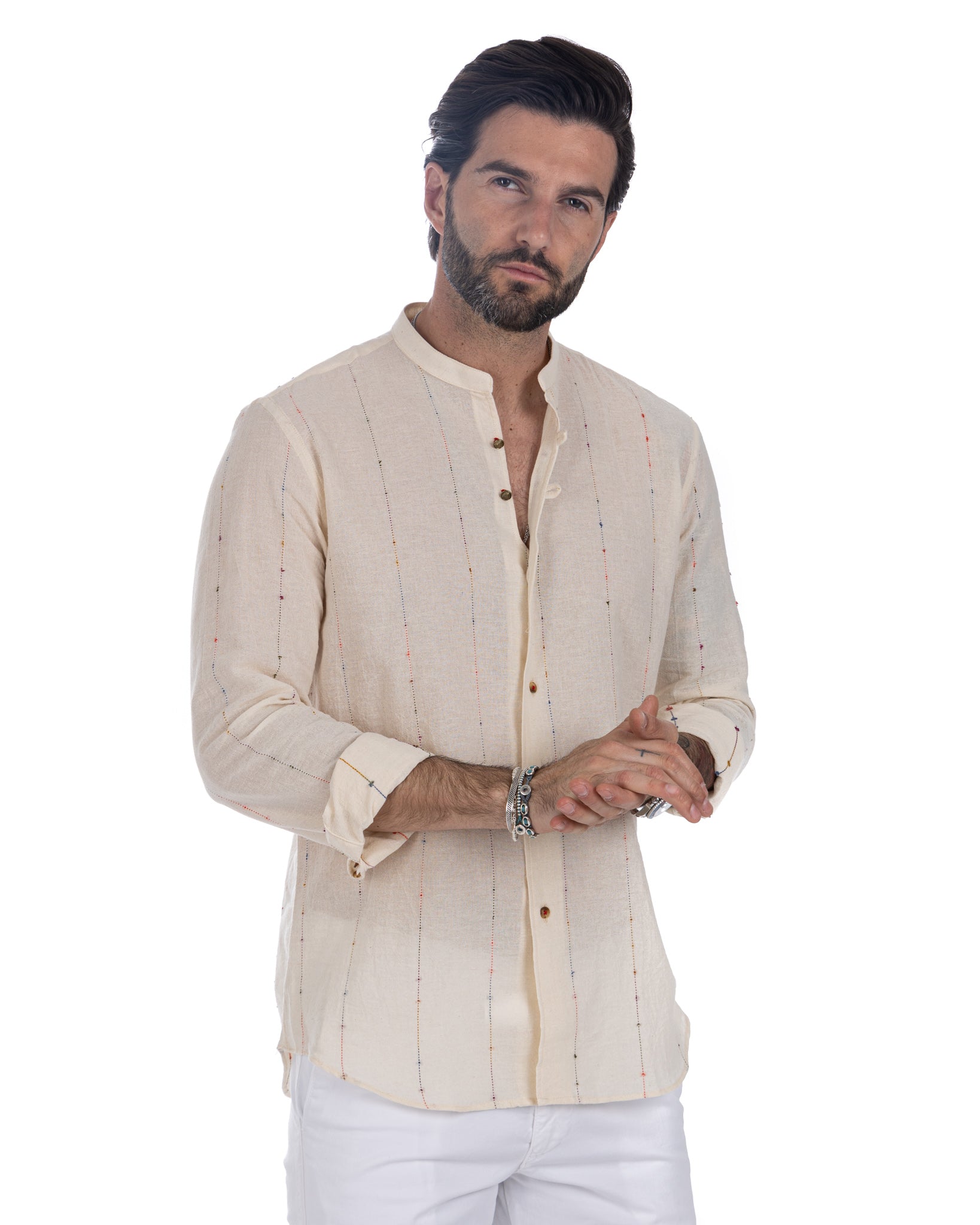 Iride - Korean shirt with beige relief stripes