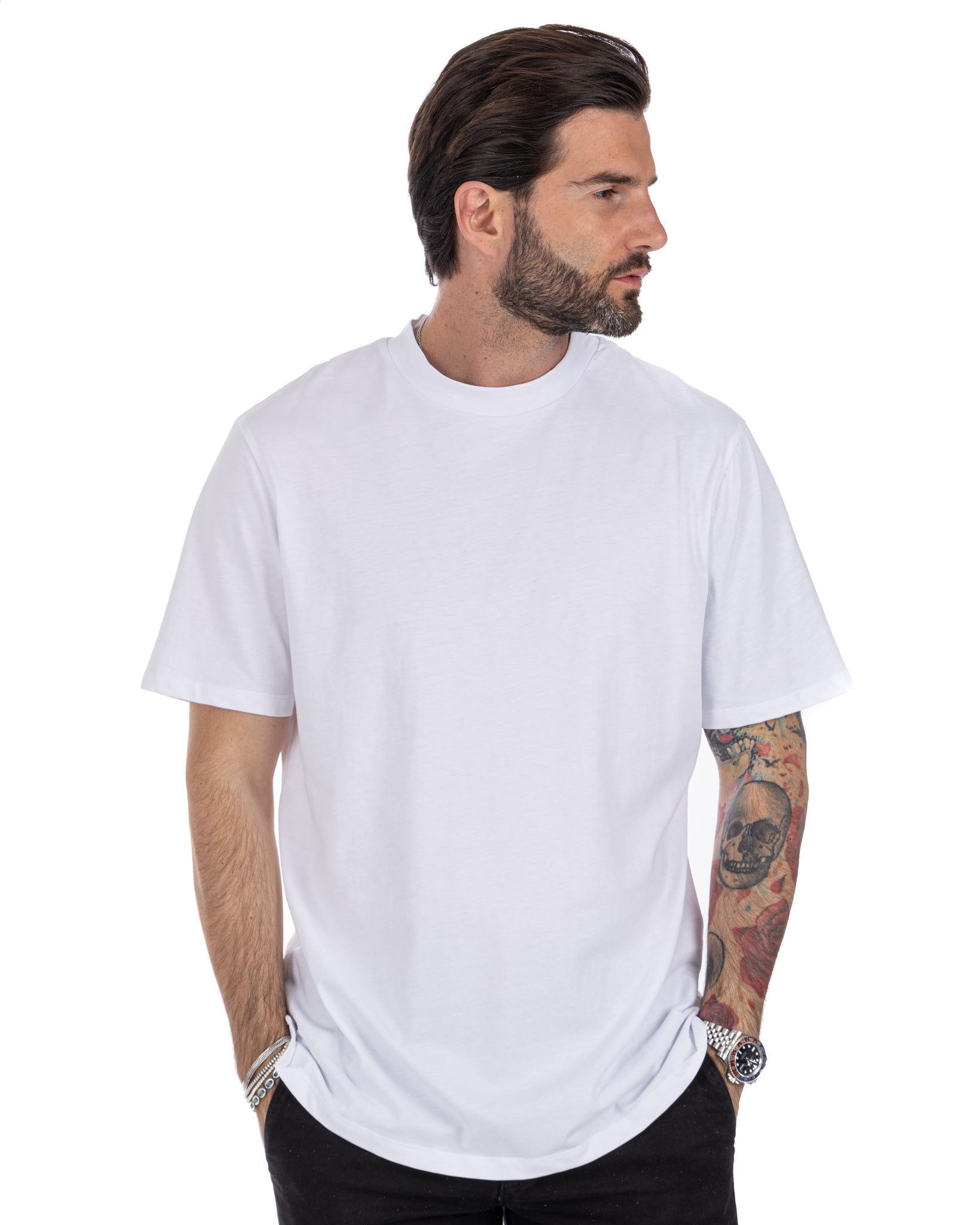 Land - white cotton half-neck t-shirt