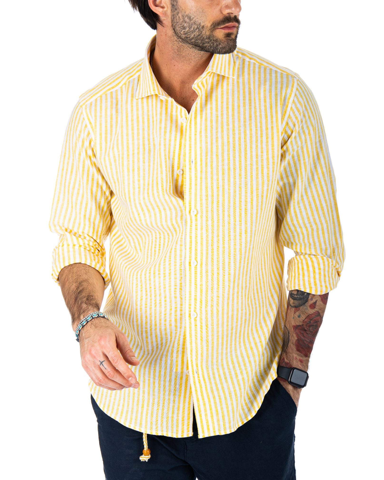 ISCHIA - CLASSIC YELLOW NARROW STRIPED SHIRT IN LINEN