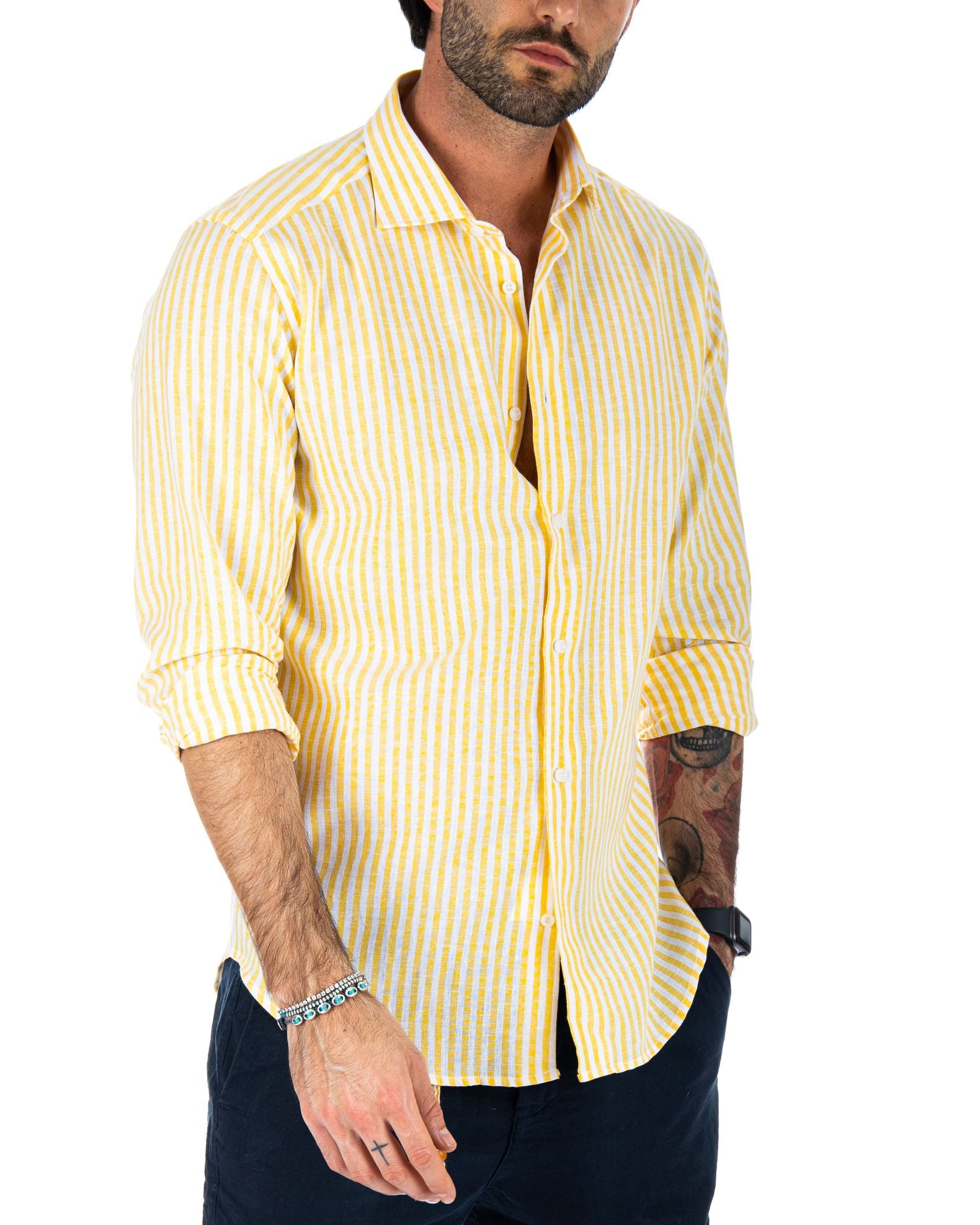 ISCHIA - CLASSIC YELLOW NARROW STRIPED SHIRT IN LINEN