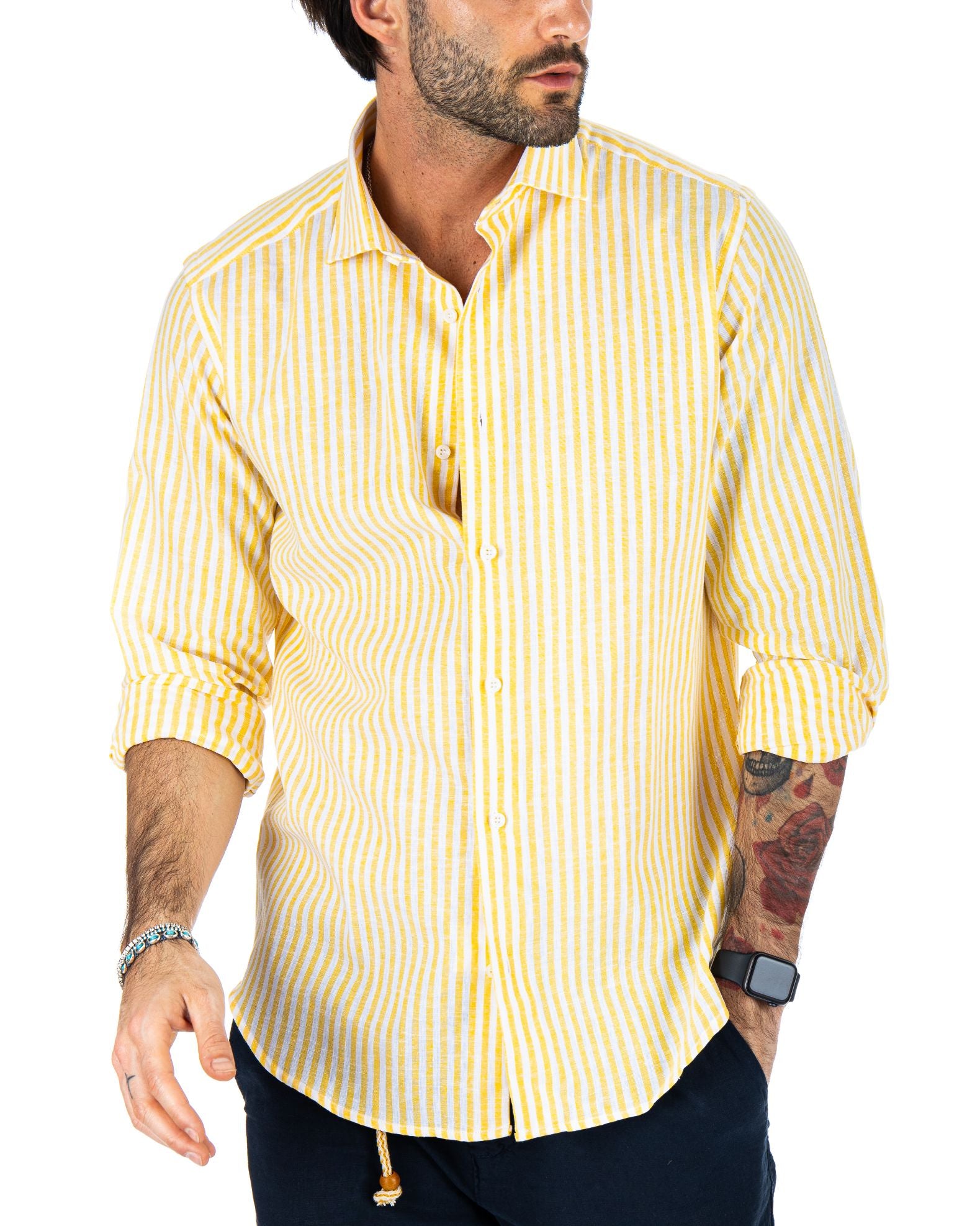 ISCHIA - CLASSIC YELLOW NARROW STRIPED SHIRT IN LINEN