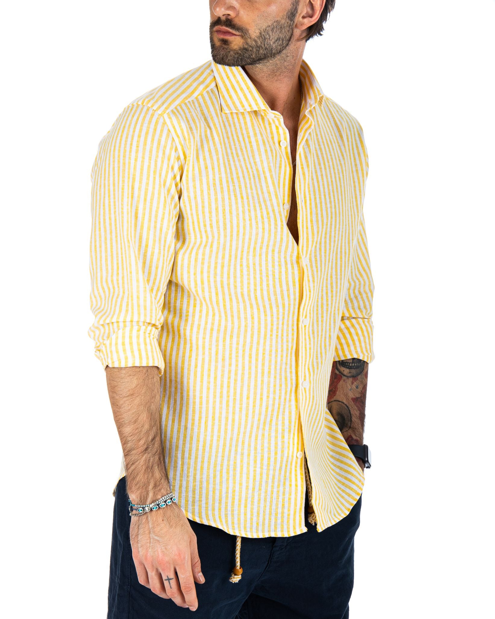 ISCHIA - CLASSIC YELLOW NARROW STRIPED SHIRT IN LINEN