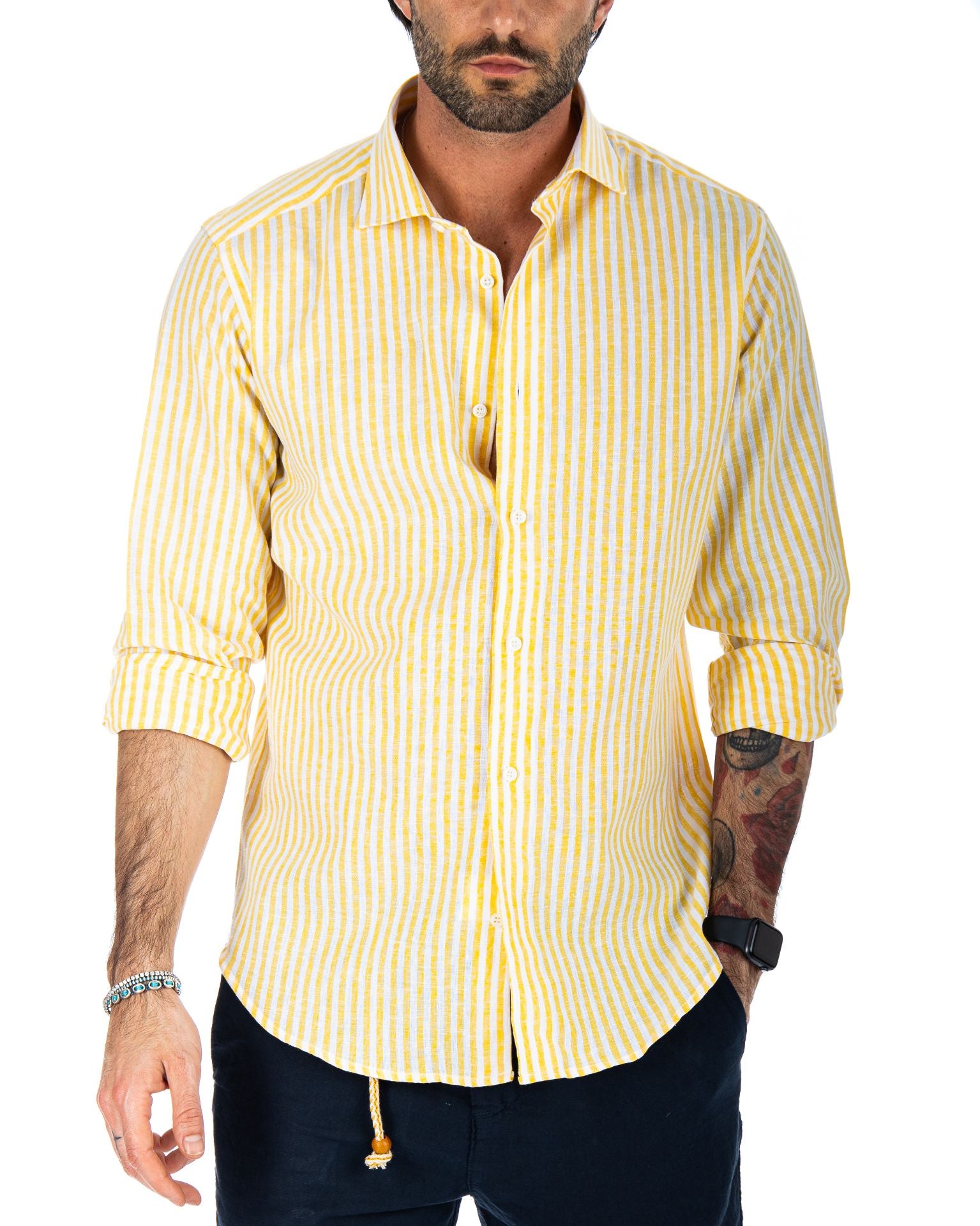 ISCHIA - CLASSIC YELLOW NARROW STRIPED SHIRT IN LINEN