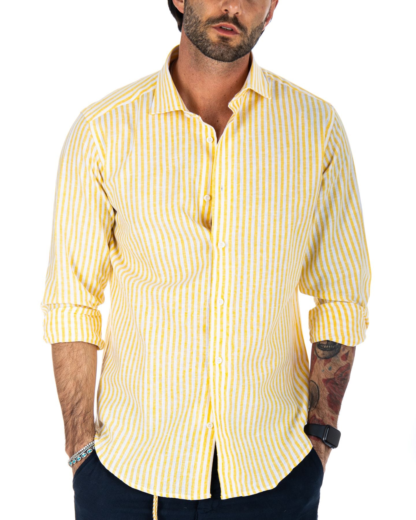 ISCHIA - CLASSIC YELLOW NARROW STRIPED SHIRT IN LINEN