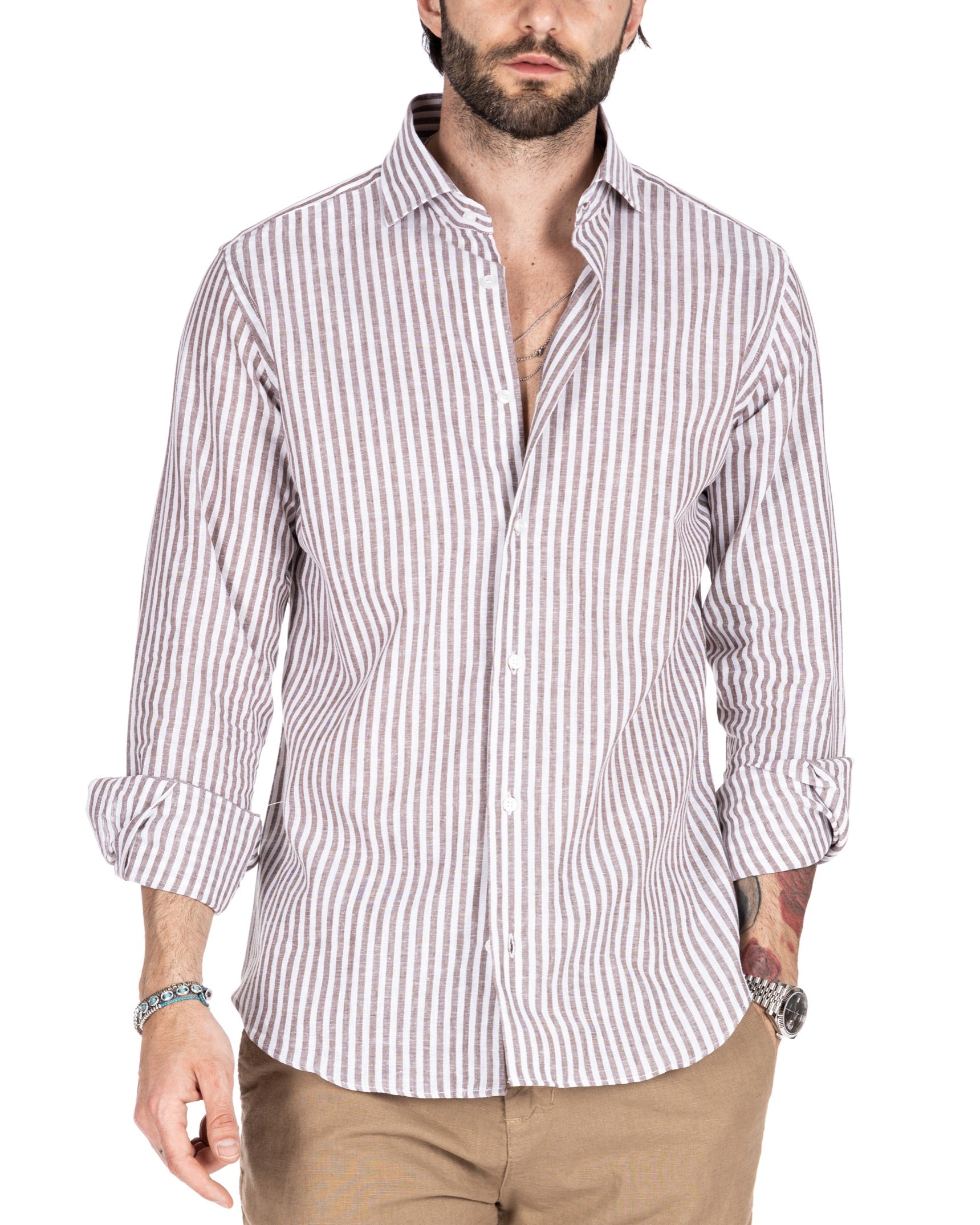 ISCHIA - CLASSIC DARK NARROW STRIPED SHIRT IN LINEN