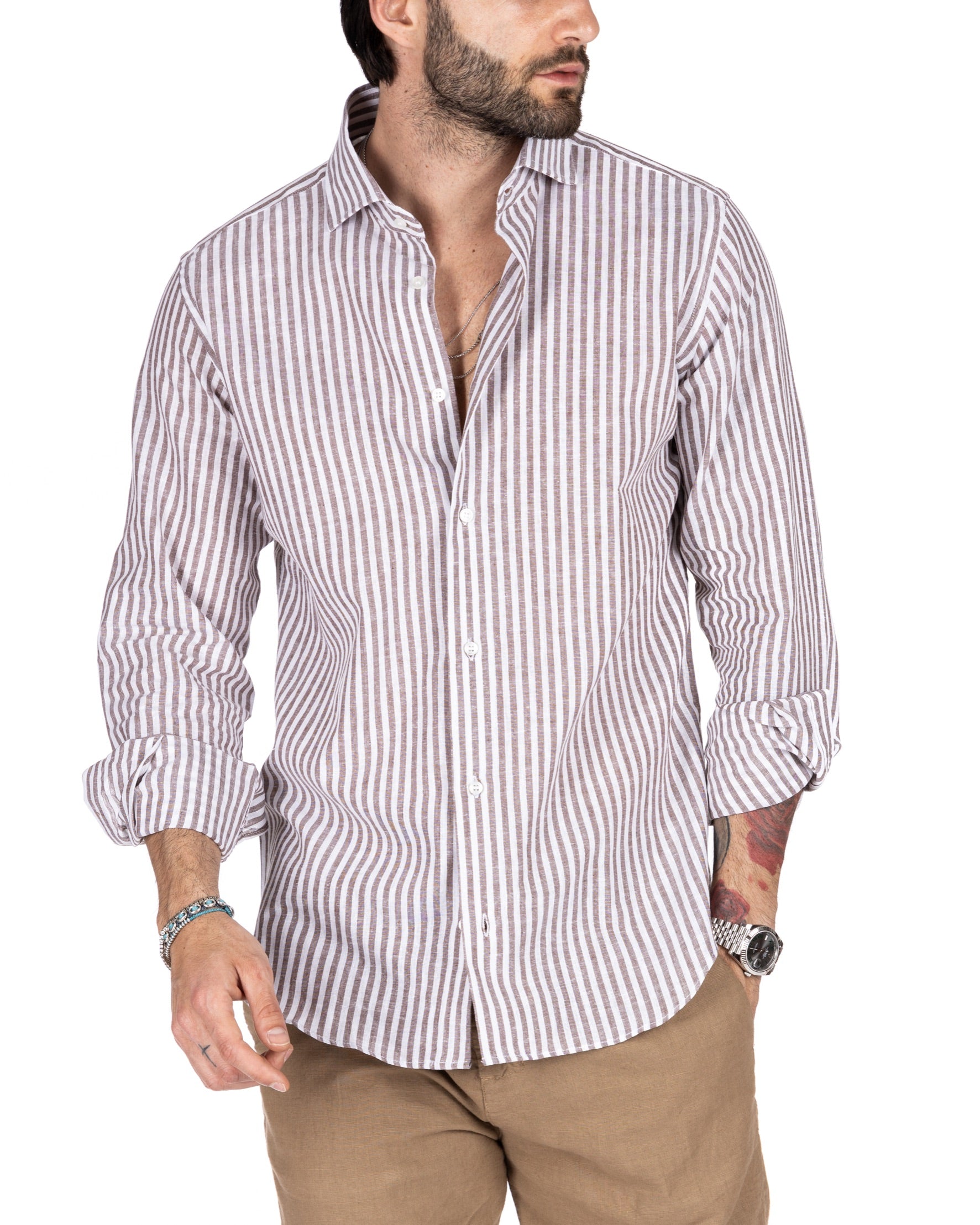 ISCHIA - CLASSIC DARK NARROW STRIPED SHIRT IN LINEN
