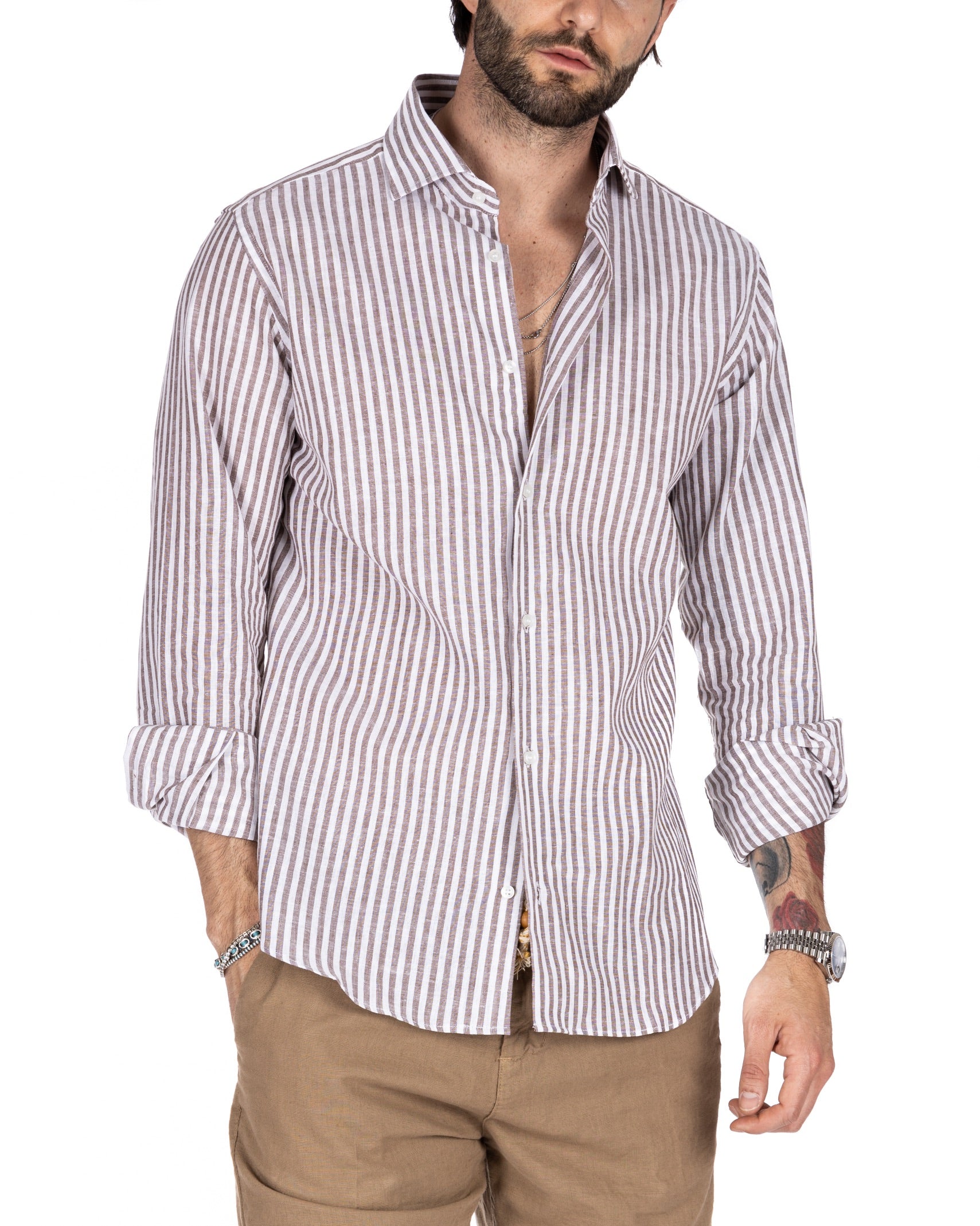 ISCHIA - CLASSIC DARK NARROW STRIPED SHIRT IN LINEN