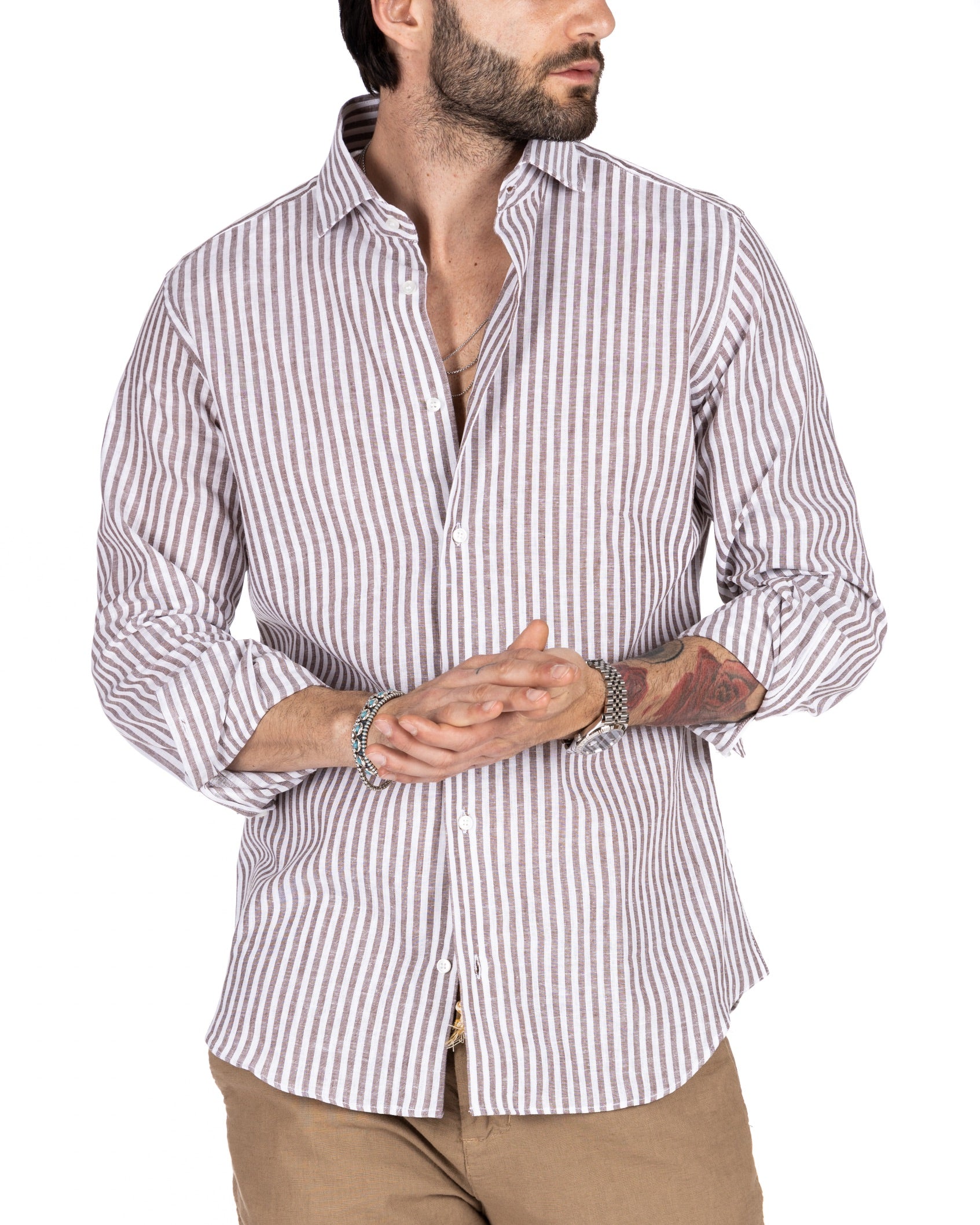 ISCHIA - CLASSIC DARK NARROW STRIPED SHIRT IN LINEN