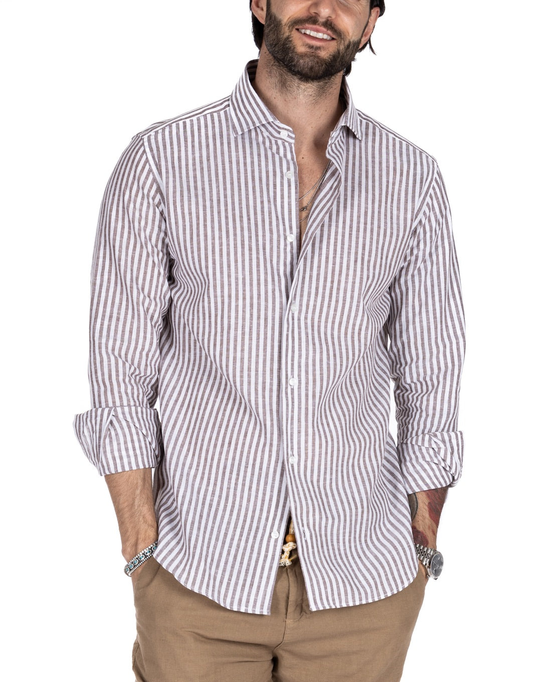 ISCHIA - CLASSIC DARK NARROW STRIPED SHIRT IN LINEN