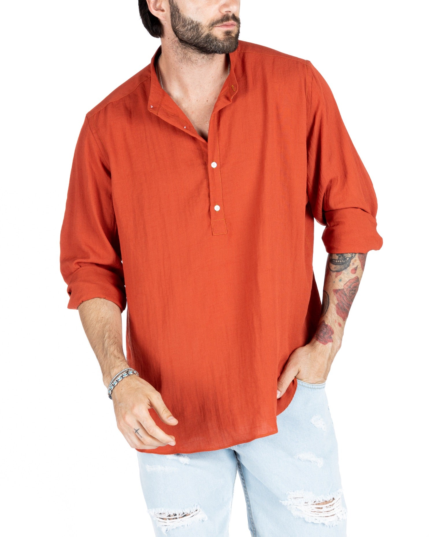 SERAFINO - FIVE BUTTON SHIRT IN CORAL LINEN