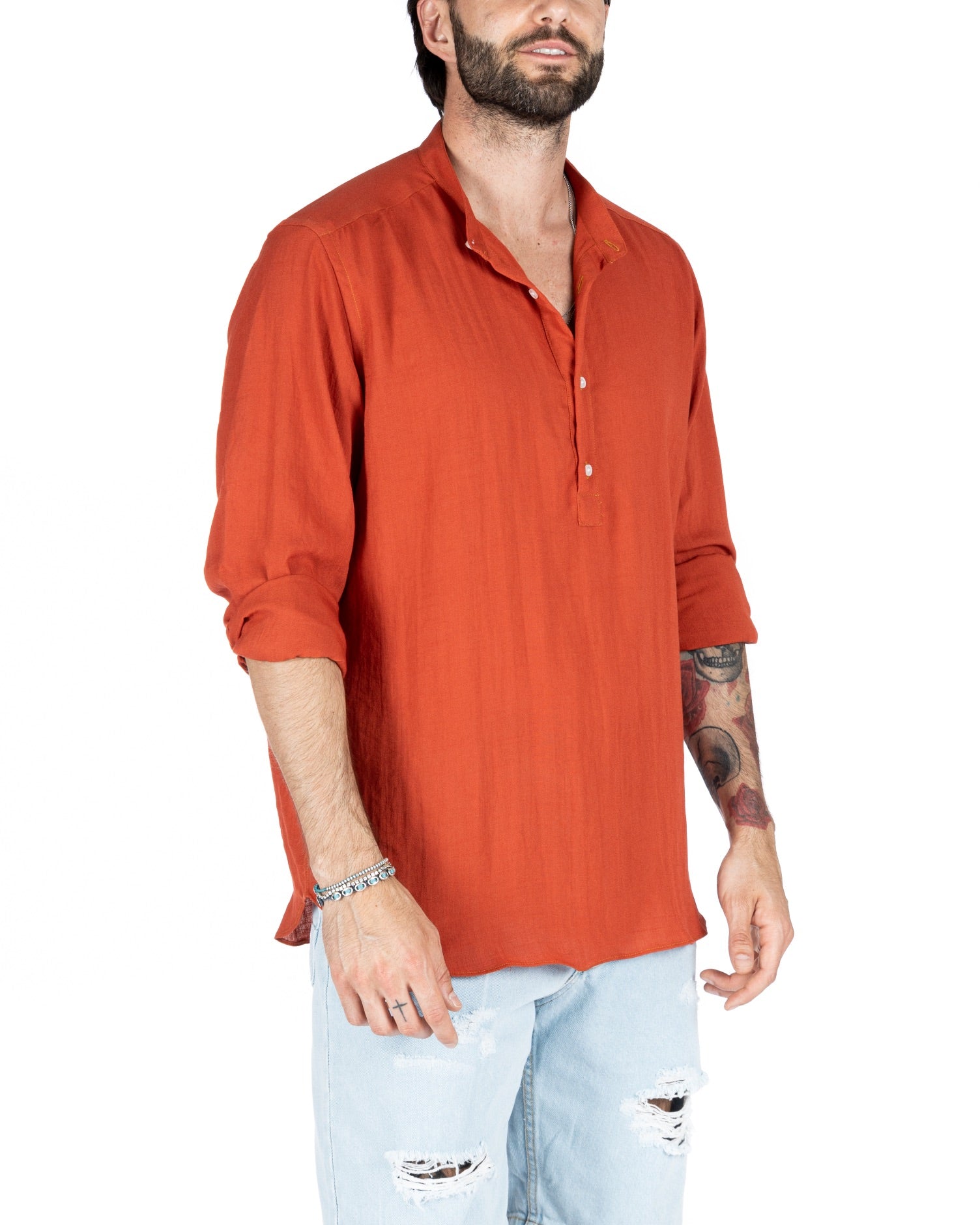 SERAFINO - FIVE BUTTON SHIRT IN CORAL LINEN