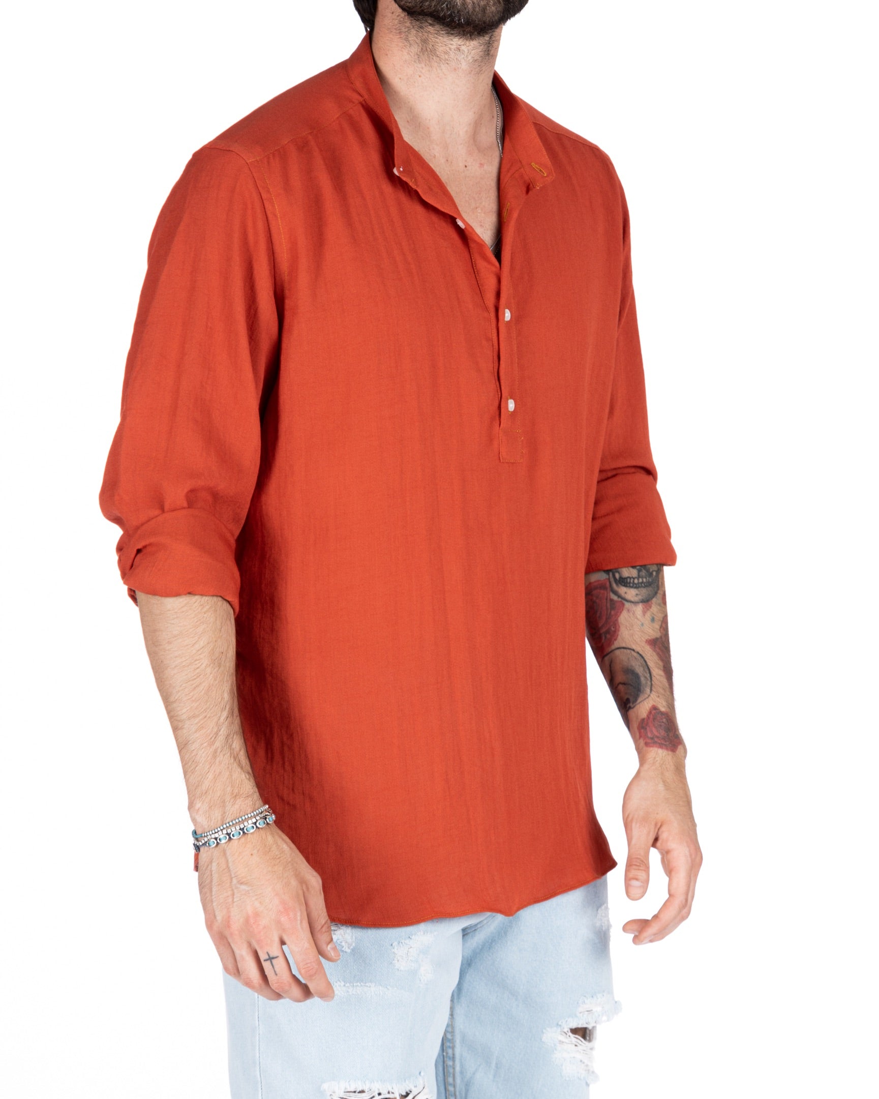 SERAFINO - FIVE BUTTON SHIRT IN CORAL LINEN
