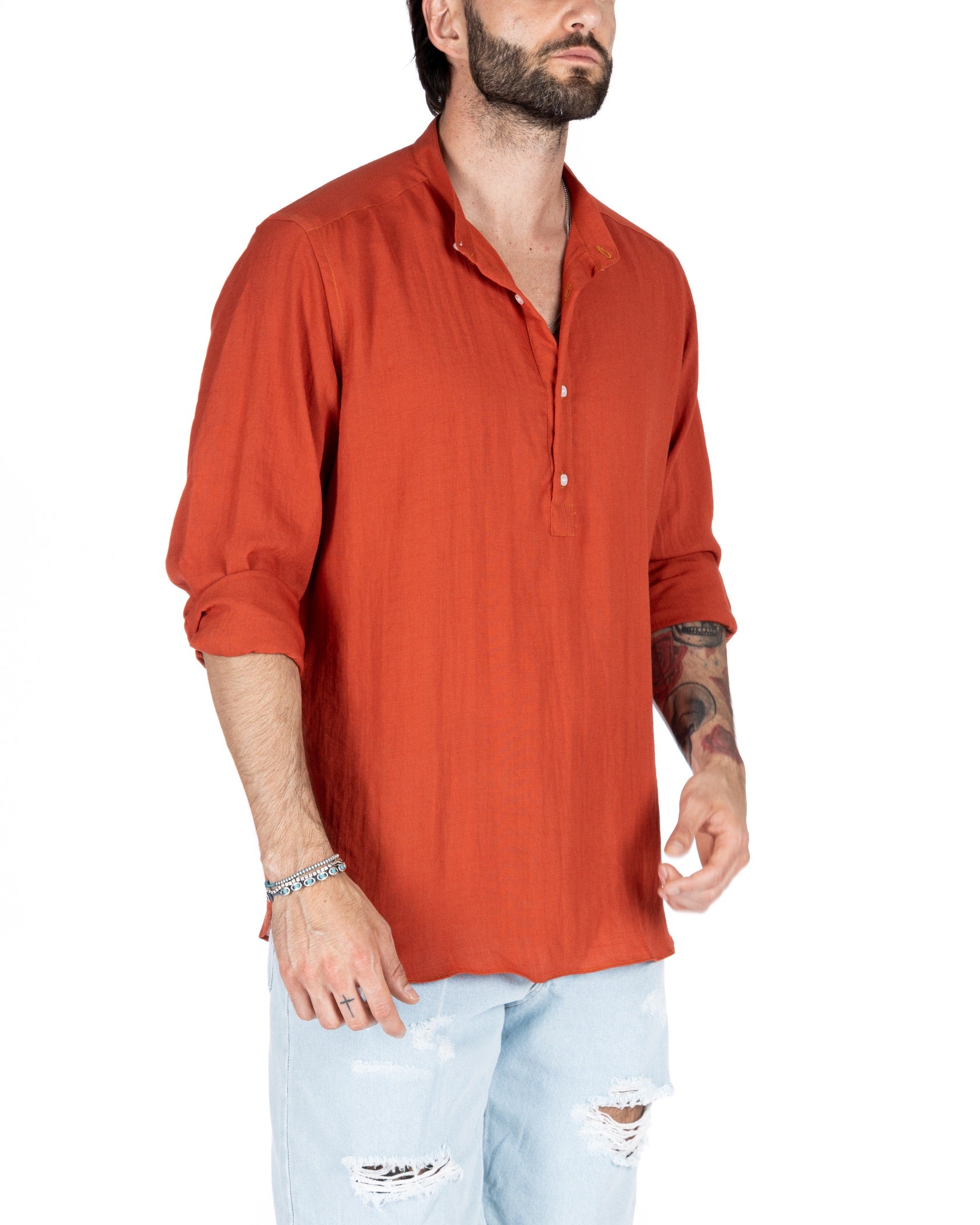 SERAFINO - FIVE BUTTON SHIRT IN CORAL LINEN