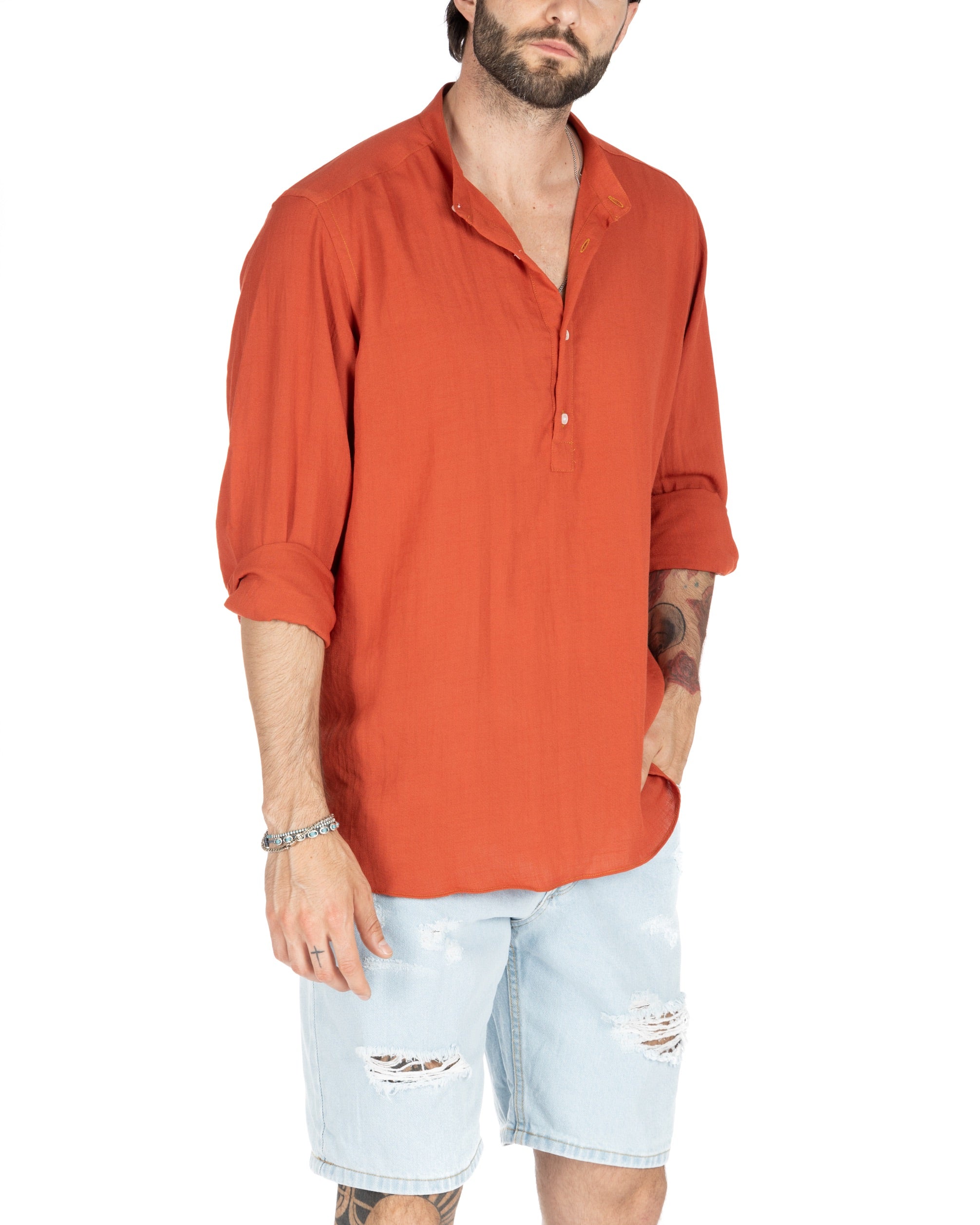SERAFINO - FIVE BUTTON SHIRT IN CORAL LINEN