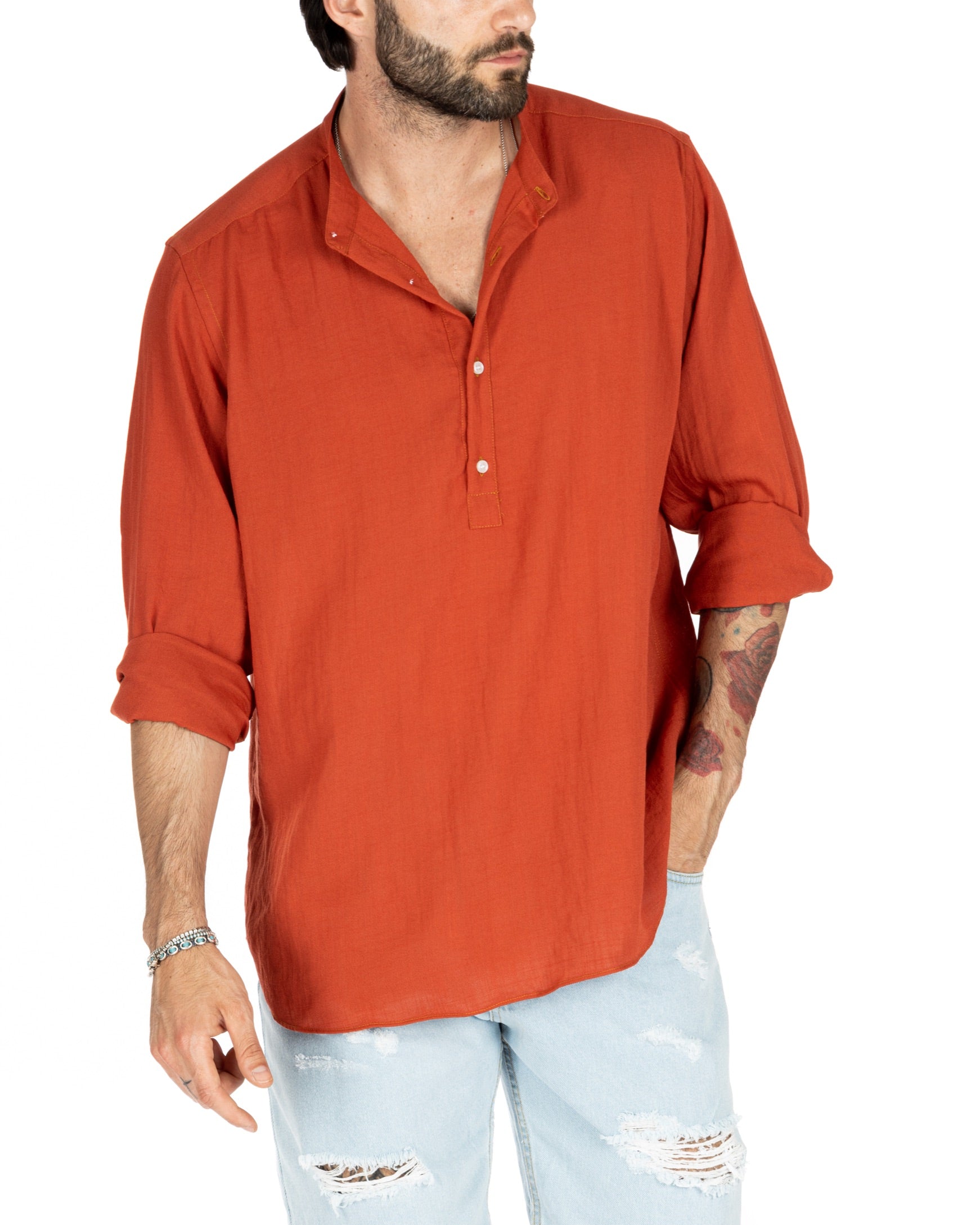 SERAFINO - FIVE BUTTON SHIRT IN CORAL LINEN