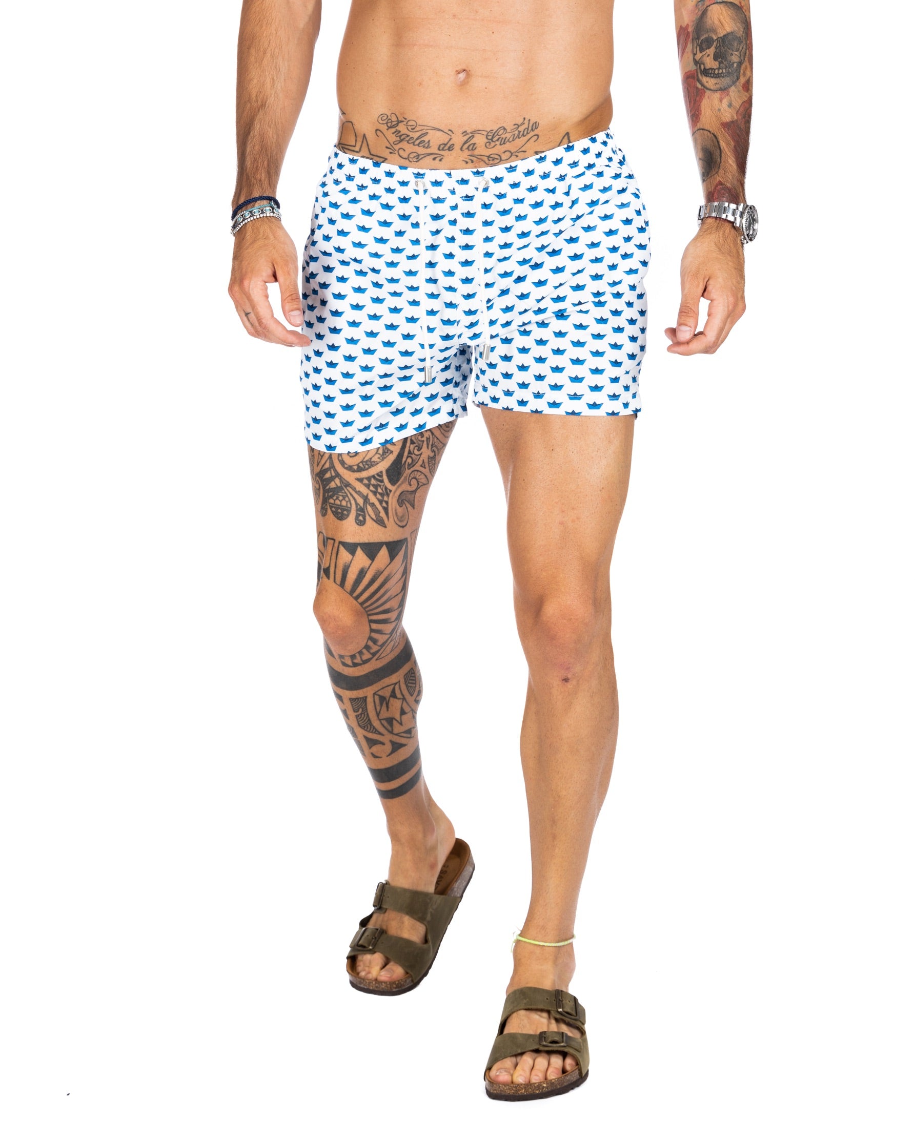 WHITE SWIMSUIT WITH BLUE BOATS