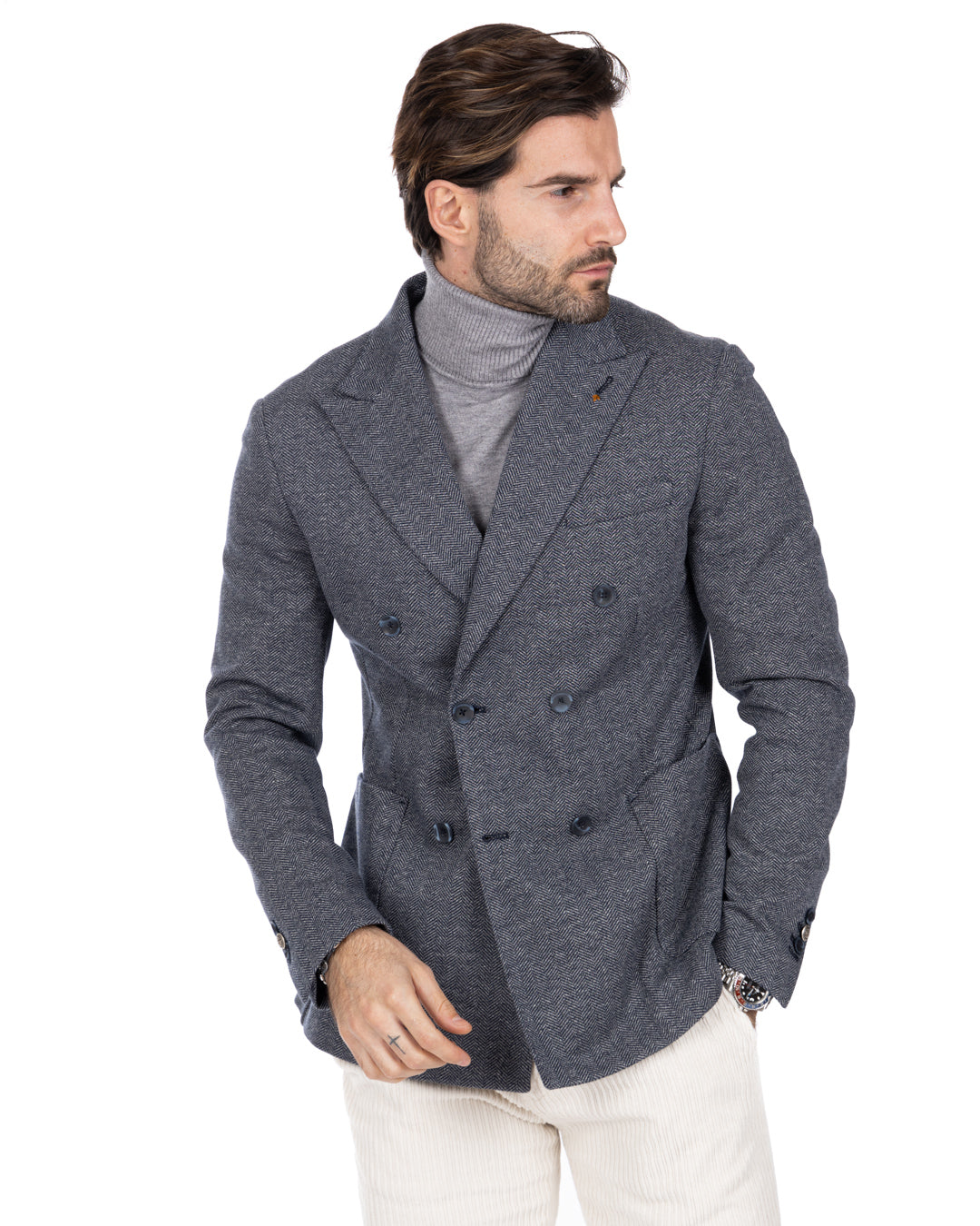 Ducale - gray double-breasted herringbone knitted jacket