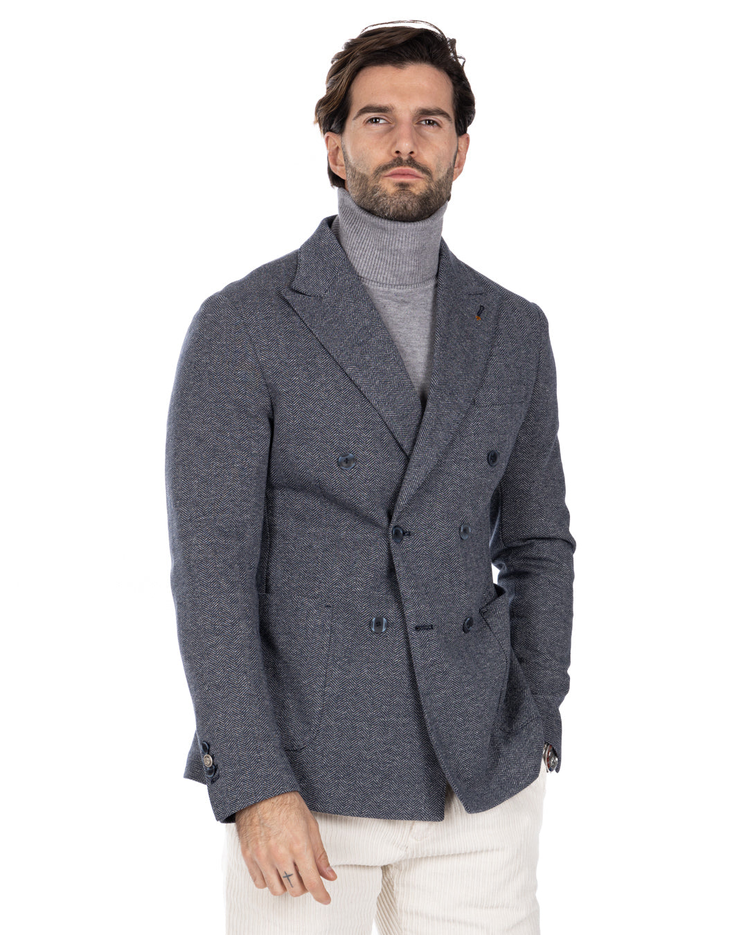 Ducale - gray double-breasted herringbone knitted jacket