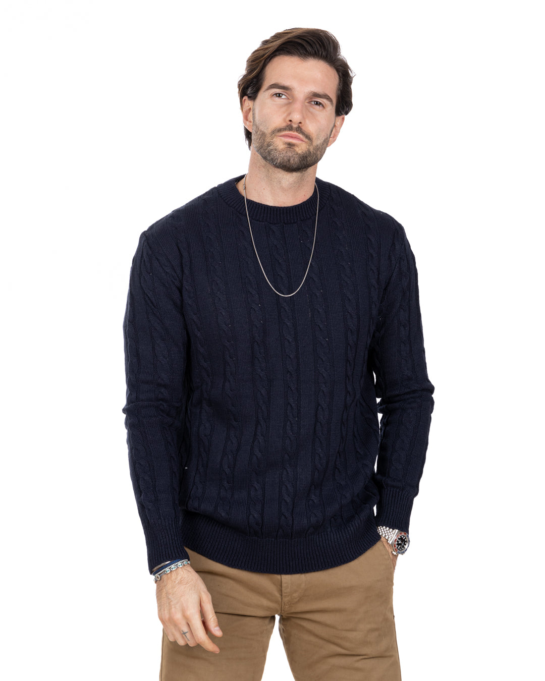 Stirling - blue sweater with cables