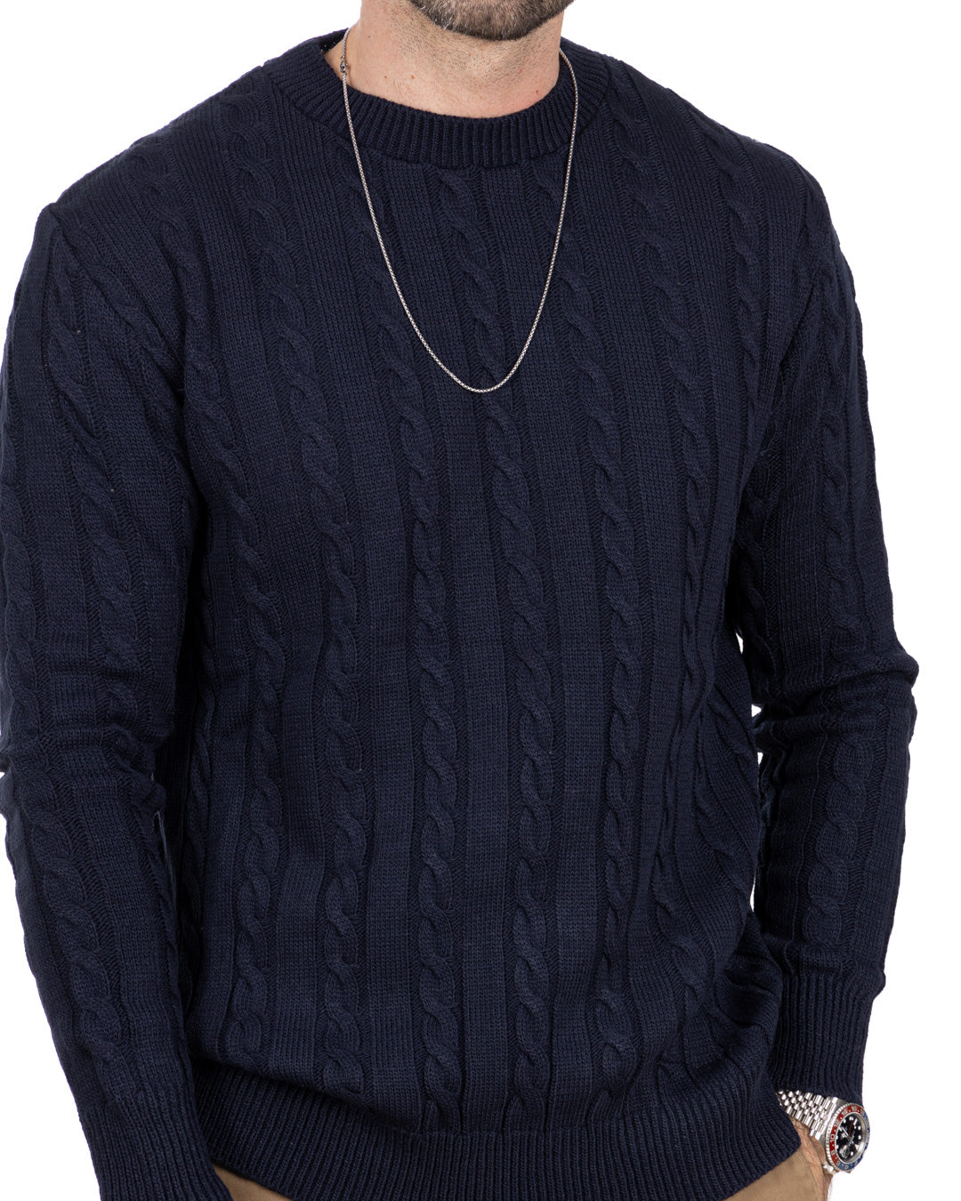 Stirling - blue sweater with cables