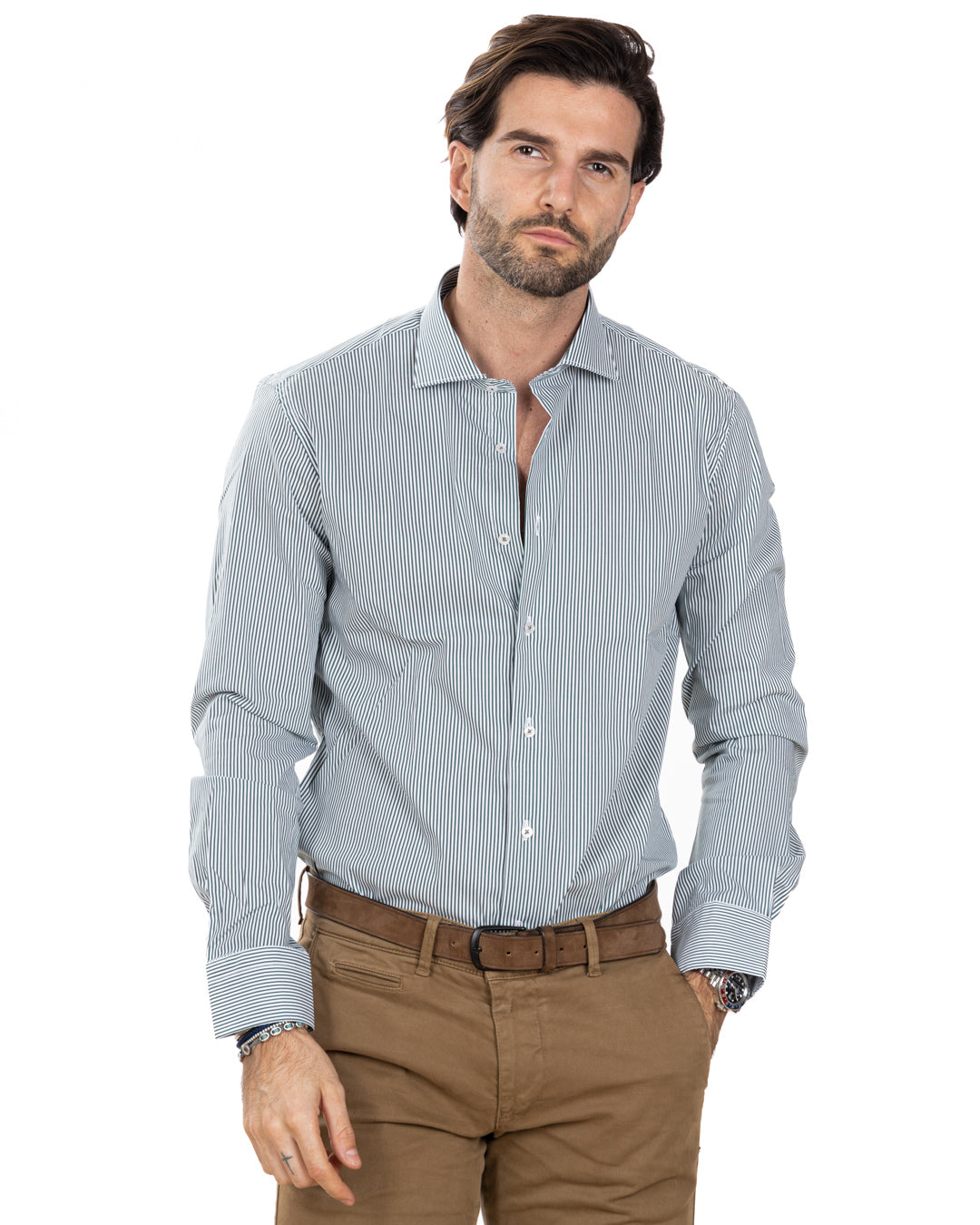 Shirt - classic basic green narrow stripe in cotton