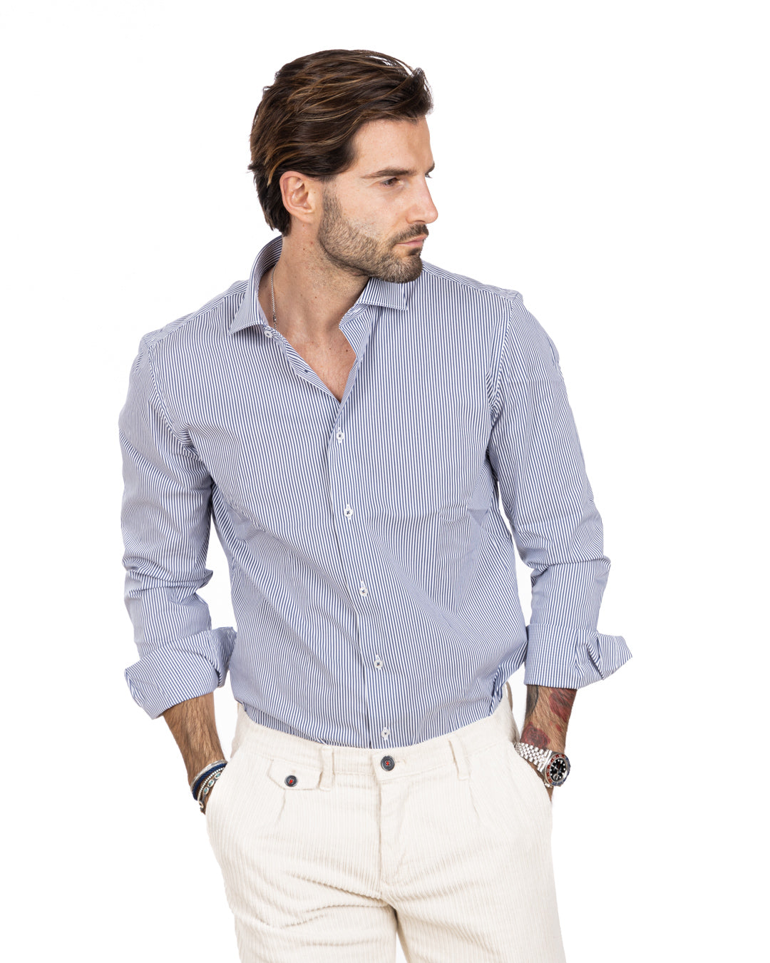 Chemise - basic classic bleu clair fines rayures en coton