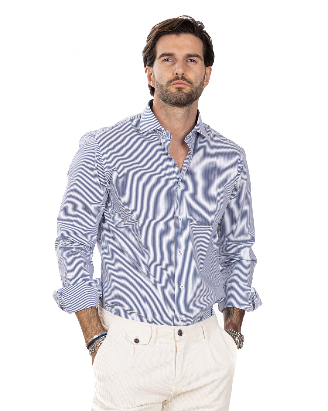 Chemise - basic classic bleu clair fines rayures en coton
