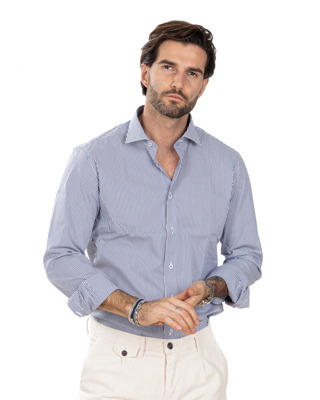 Chemise - basic classic bleu clair fines rayures en coton