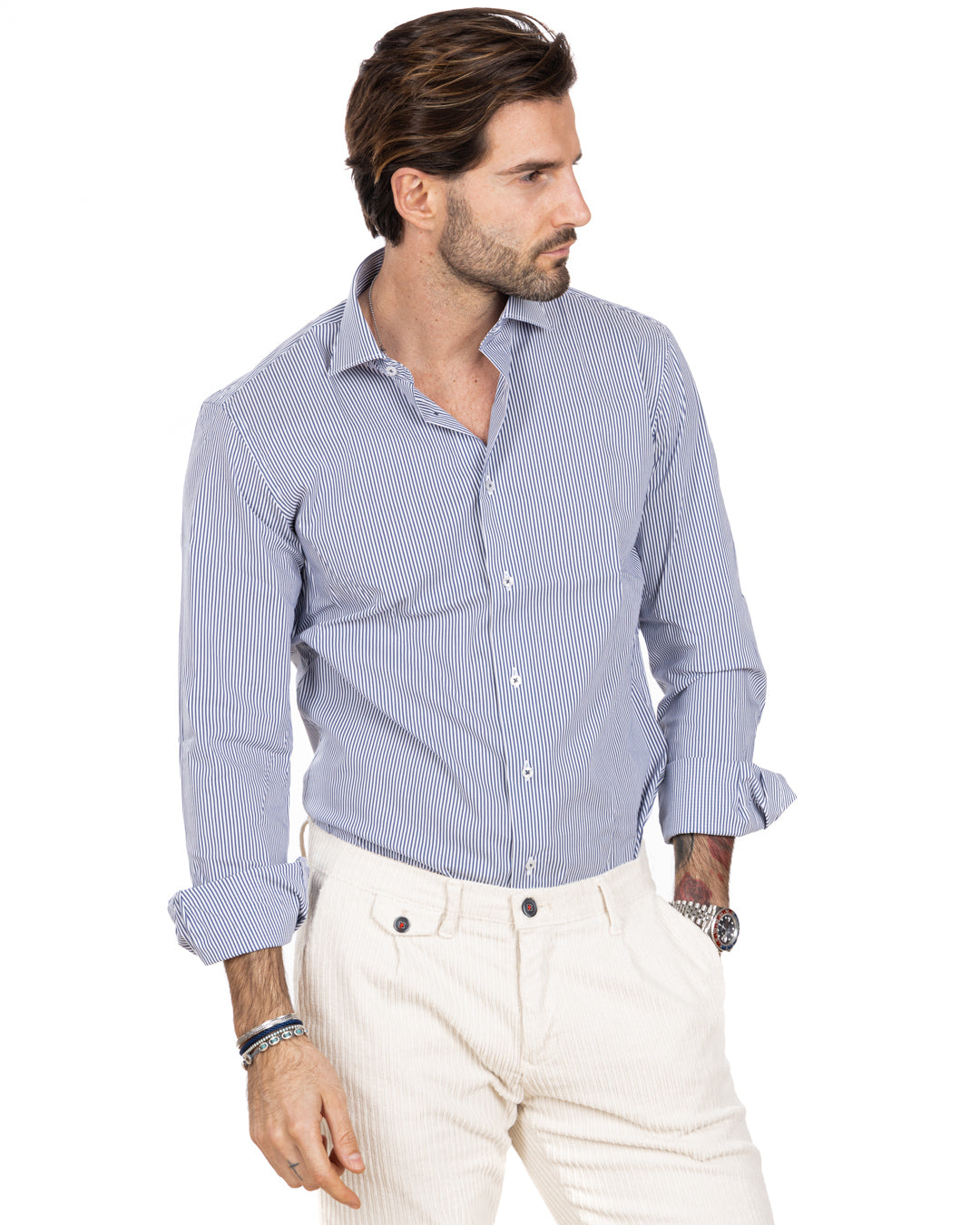 Chemise - basic classic bleu clair fines rayures en coton