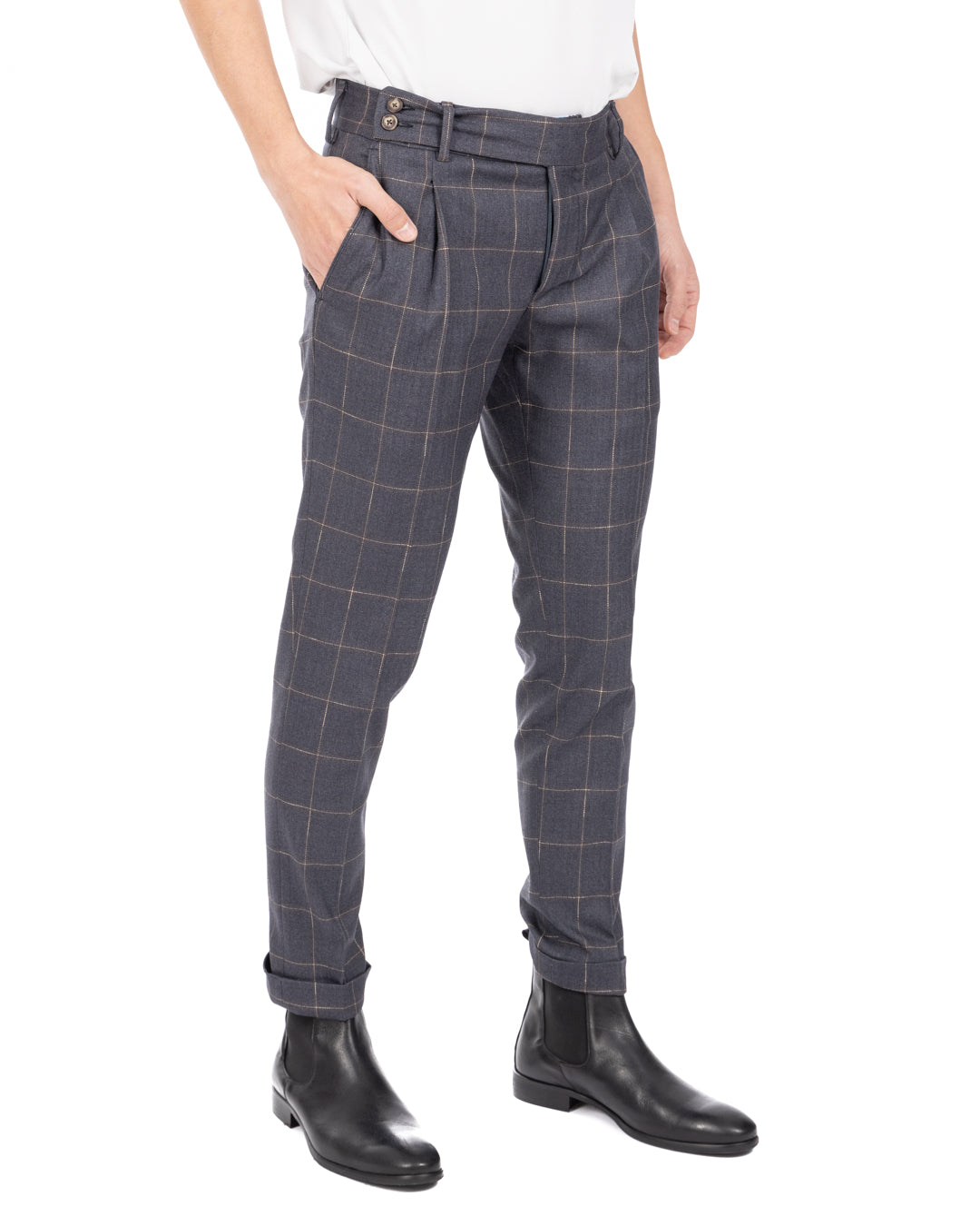 Italian - pantalone vita alta quadro grigio