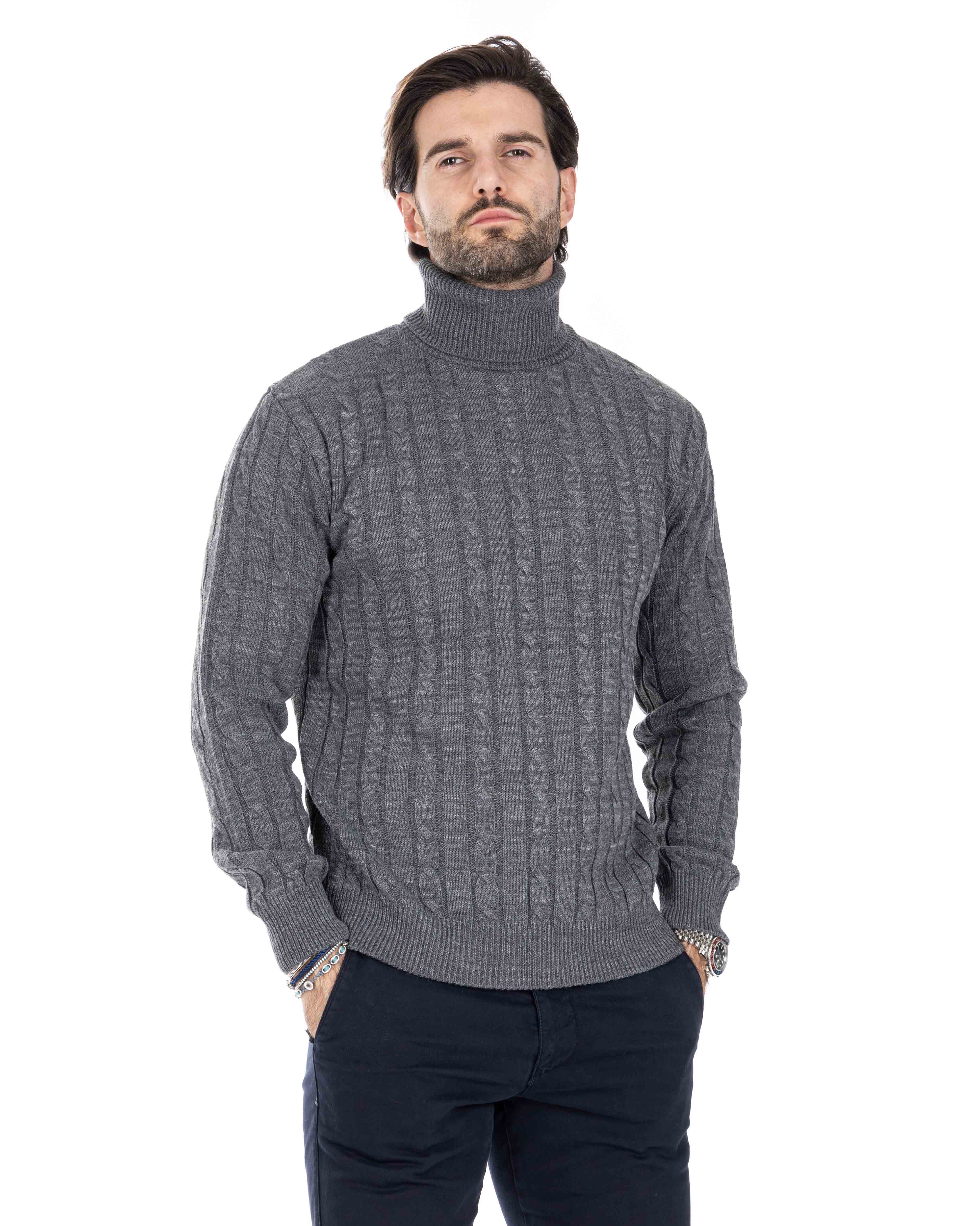 Crovie - gray sweater with turtleneck cables