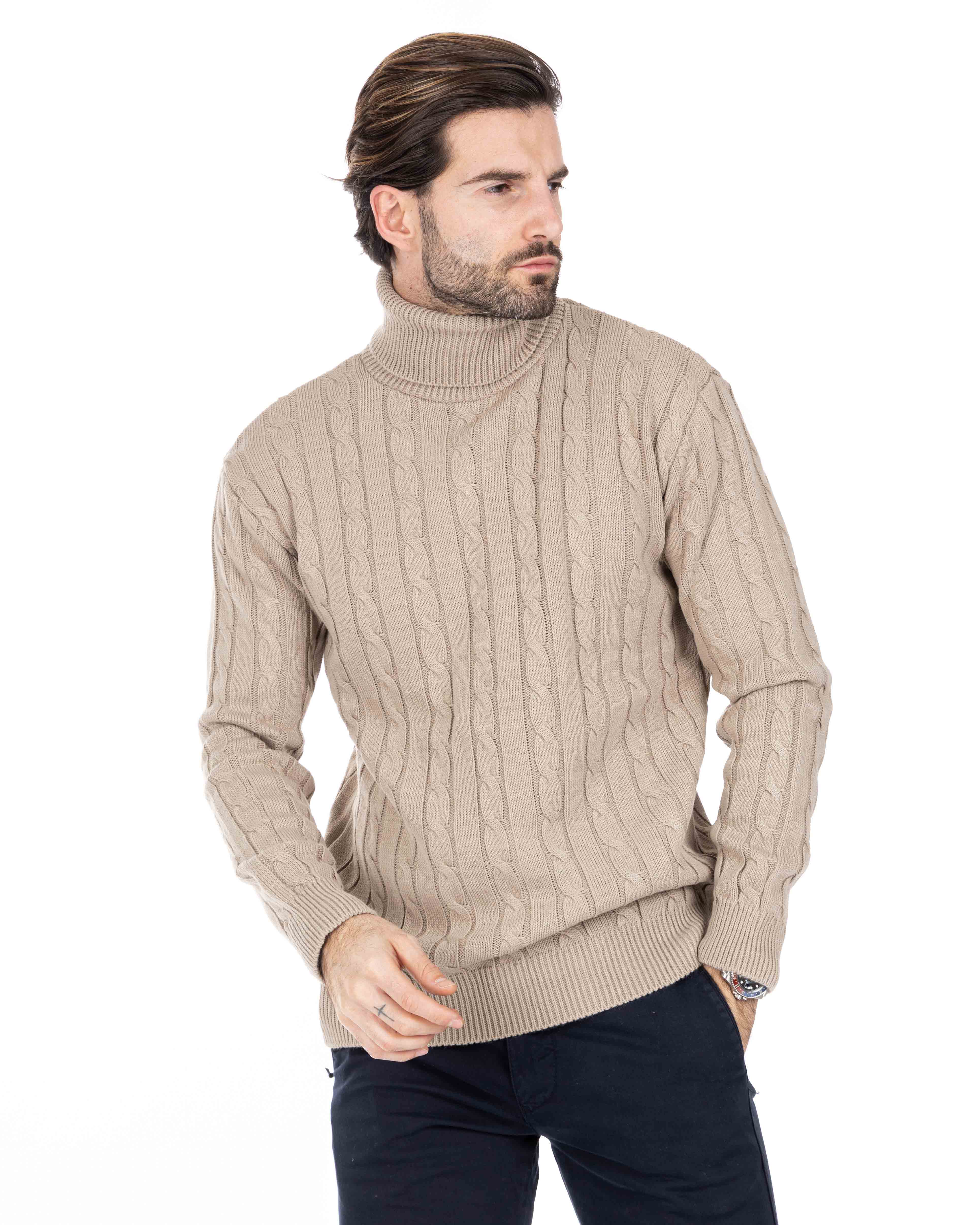 Crovie - beige sweater with high neck cables