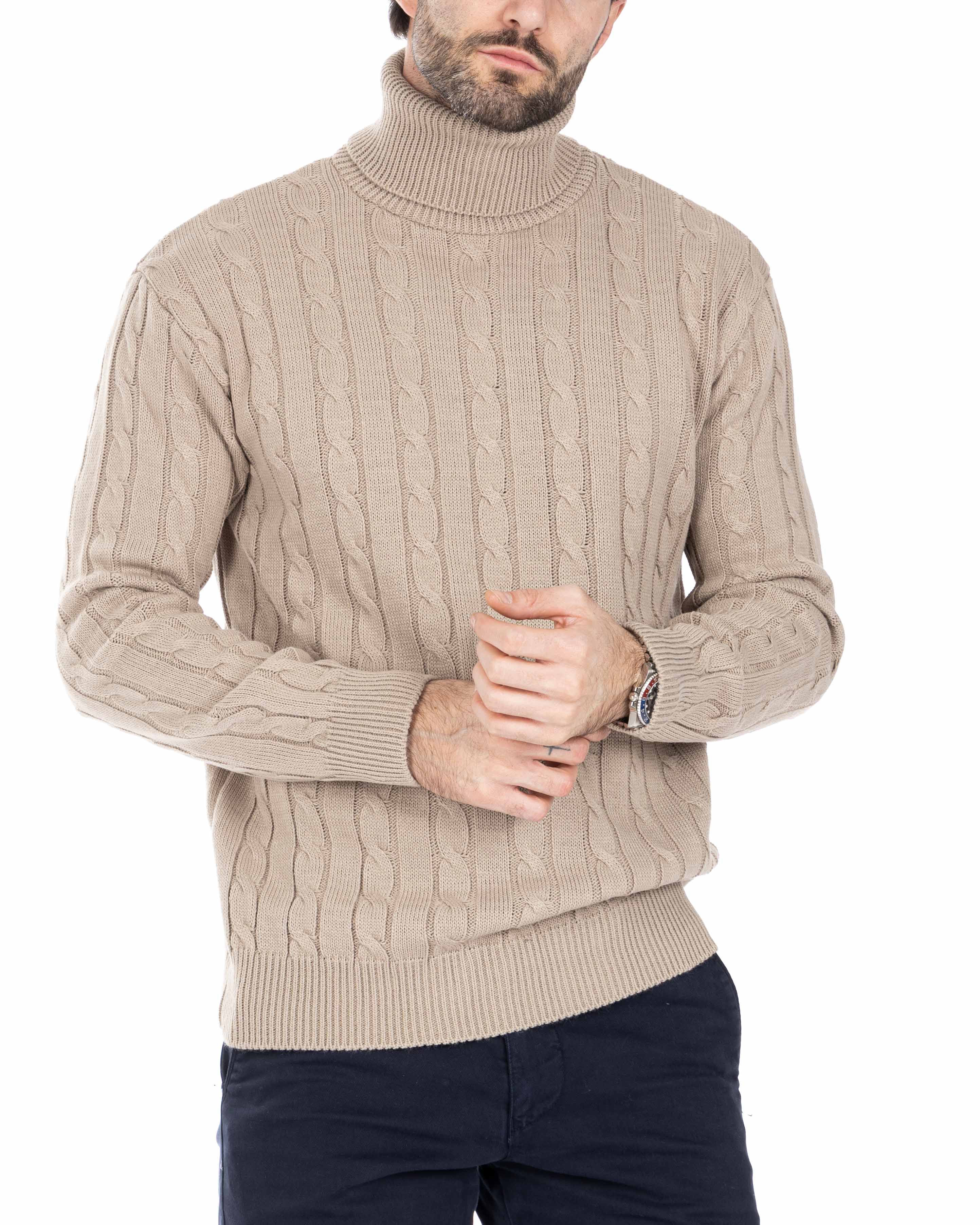 Crovie - beige sweater with high neck cables