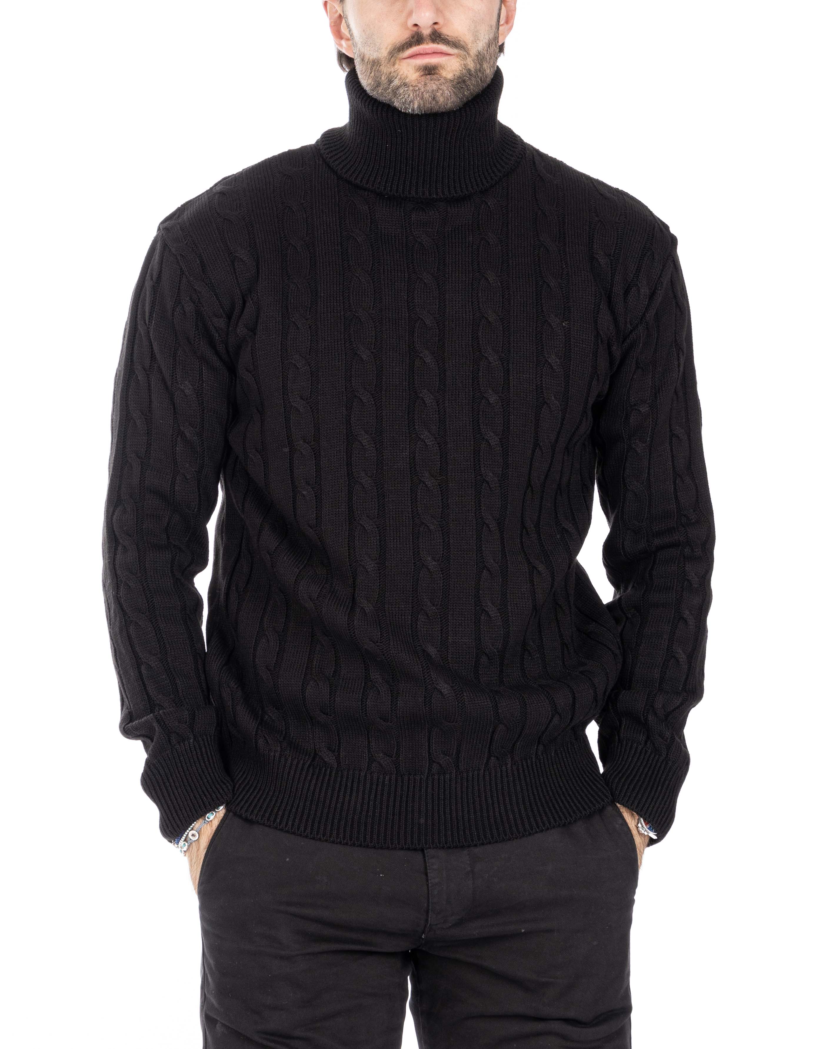 Crovie - black sweater with turtleneck cables