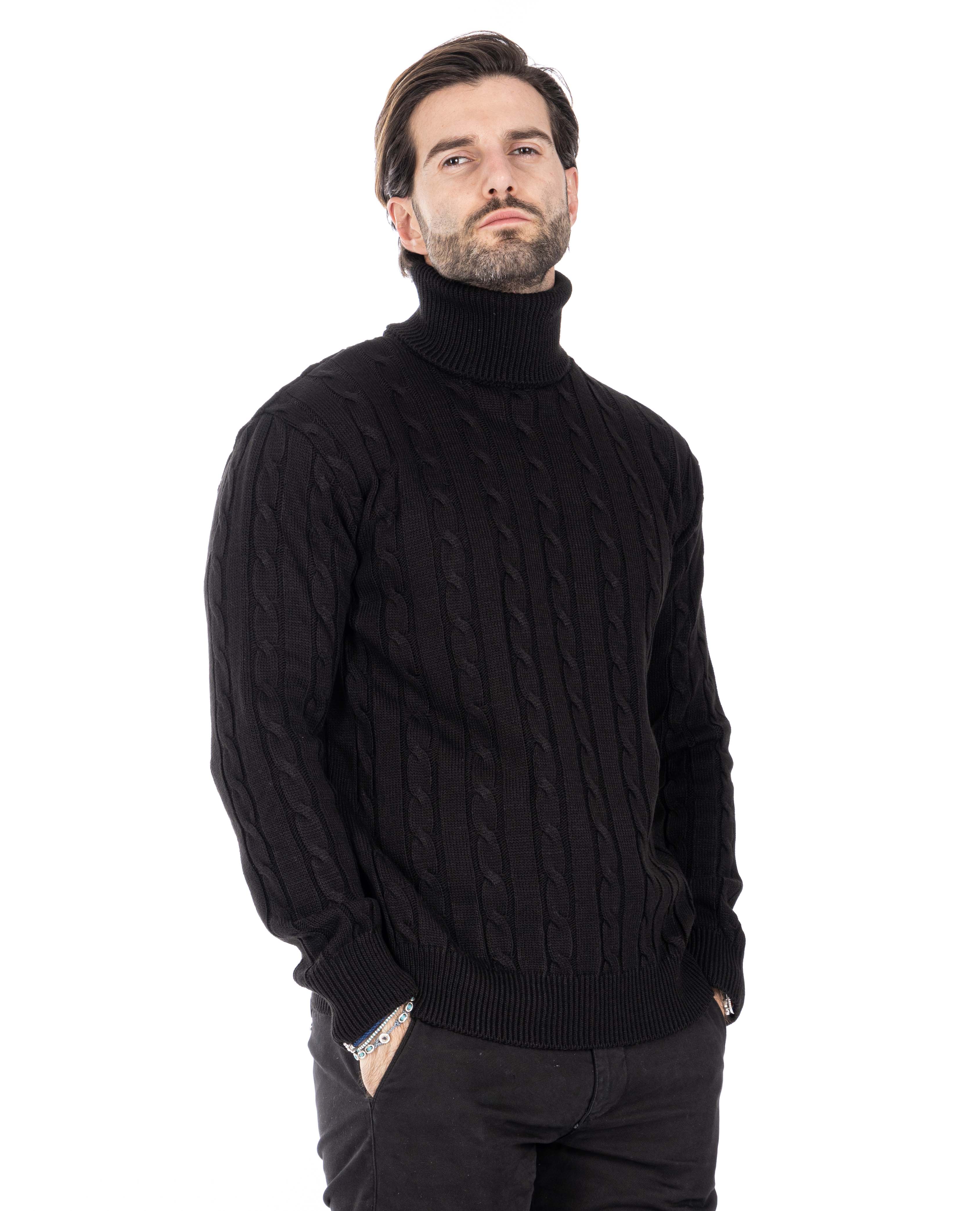 Crovie - black sweater with turtleneck cables